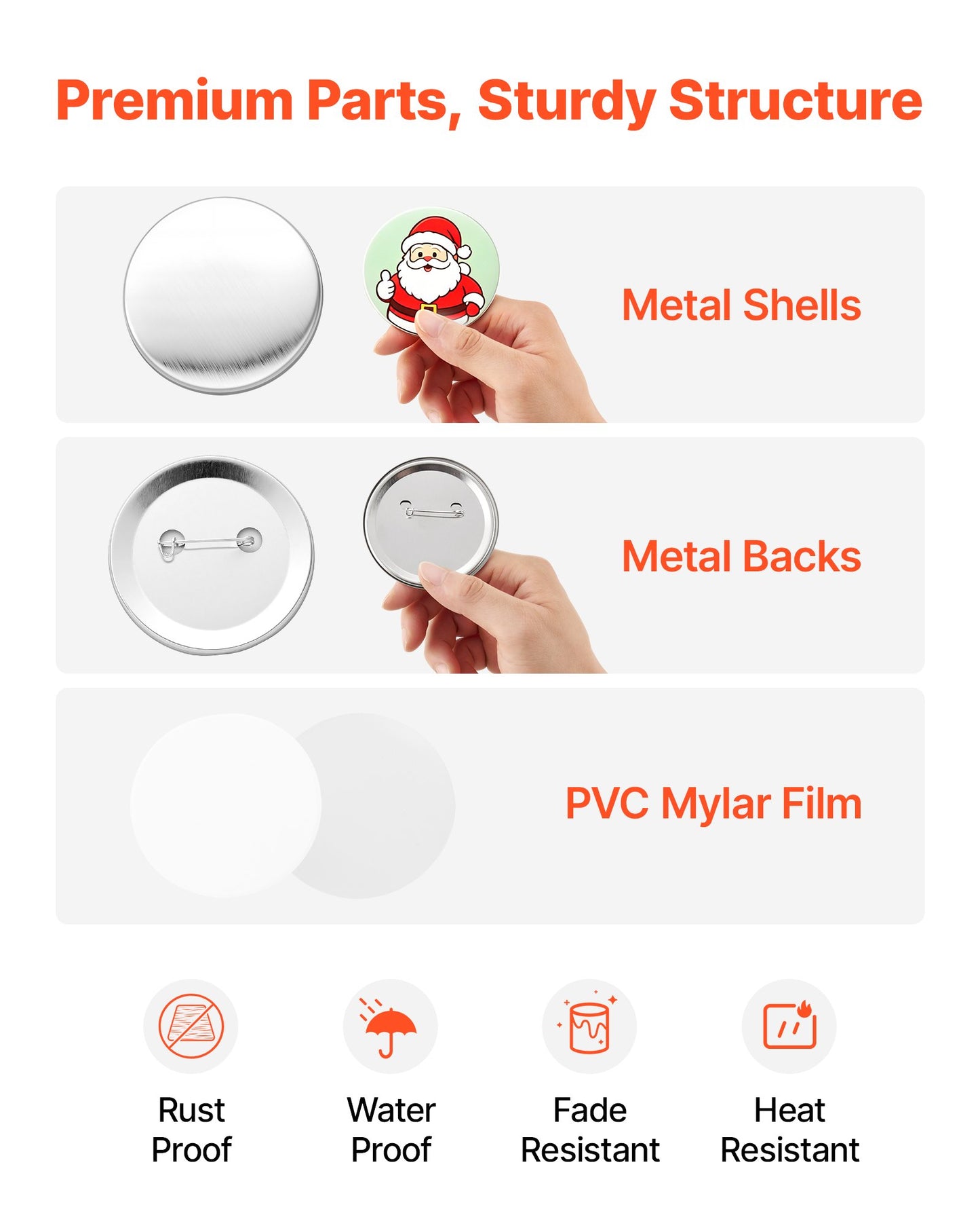 Button Maker Supplies 100 Sets 2.95 in / 75 mm Pin Back Button Parts, with Metal Backs, Metal Shells, Clear Mylar Films, and Blank Circle Papers, for Home DIY, School Events, and Custom Studio