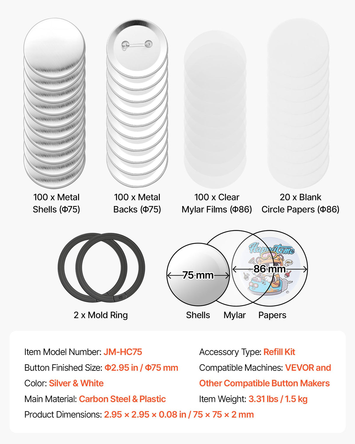 Button Maker Supplies 100 Sets 2.95 in / 75 mm Pin Back Button Parts, with Metal Backs, Metal Shells, Clear Mylar Films, and Blank Circle Papers, for Home DIY, School Events, and Custom Studio