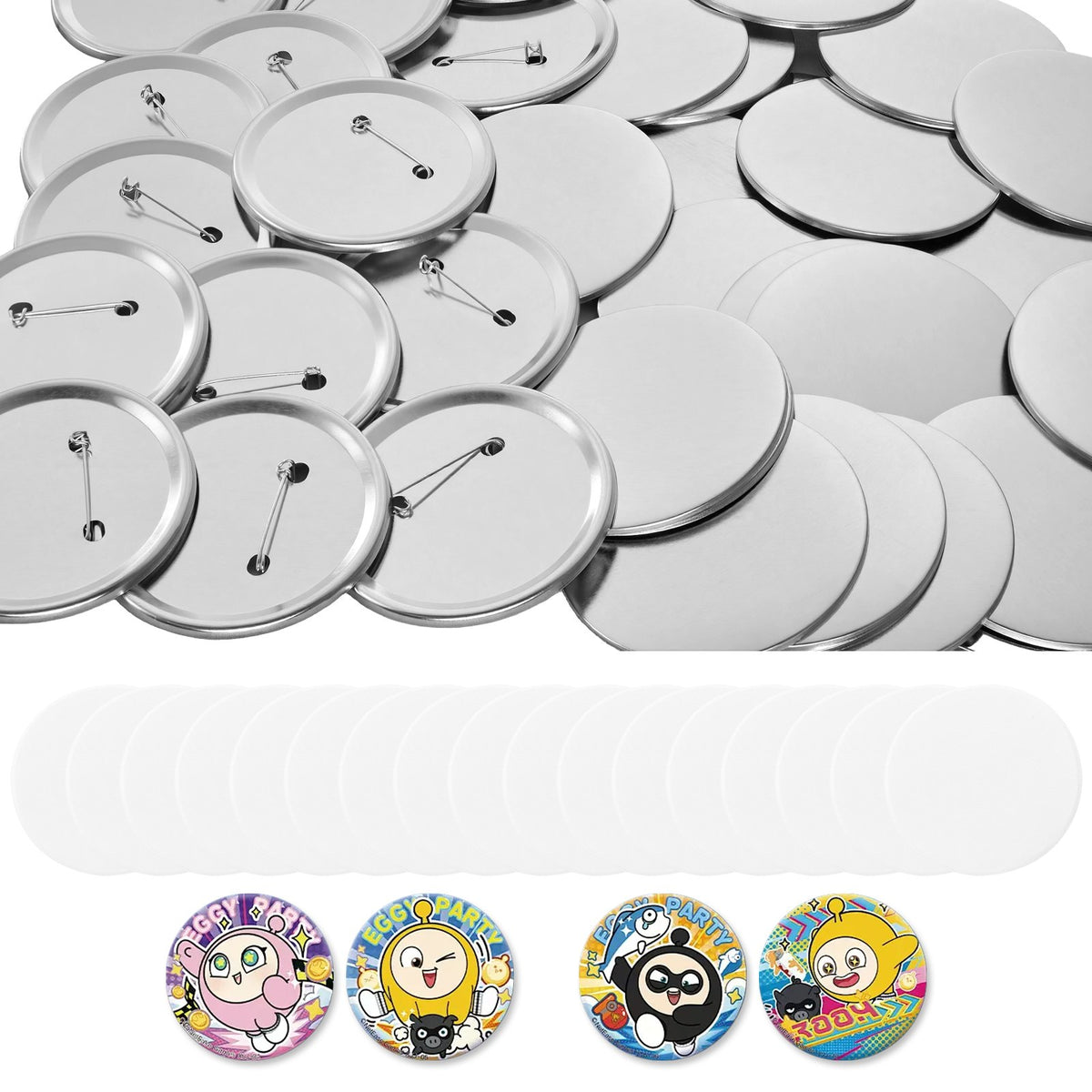 Button Maker Supplies 100 Sets 2.95 in / 75 mm Pin Back Button Parts, with Metal Backs, Metal Shells, Clear Mylar Films, and Blank Circle Papers, for Home DIY, School Events, and Custom Studio