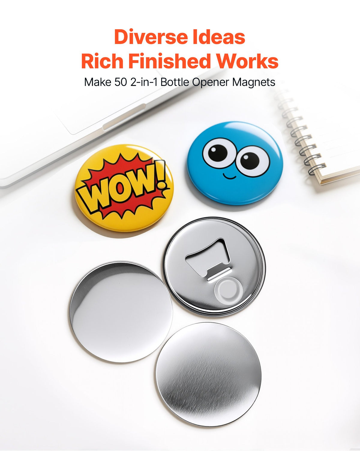 Button Maker Supplies 50 Sets 2.95 in / 75 mm Magnet Button Parts, with Magnetic and Bottle Opener Backs, Metal Shells, Clear Mylar Films, and Blank Circle Papers, for Home DIY, Kitchen Decor