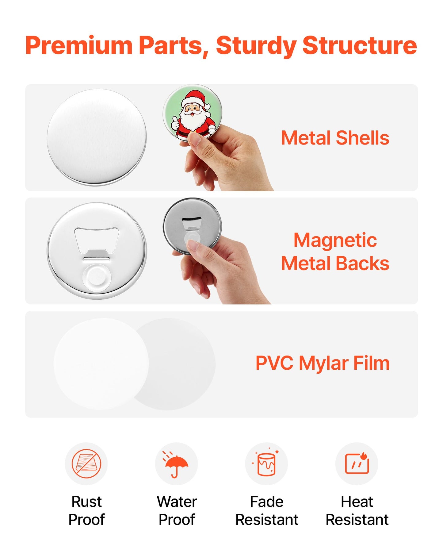 Button Maker Supplies 50 Sets 2.95 in / 75 mm Magnet Button Parts, with Magnetic and Bottle Opener Backs, Metal Shells, Clear Mylar Films, and Blank Circle Papers, for Home DIY, Kitchen Decor