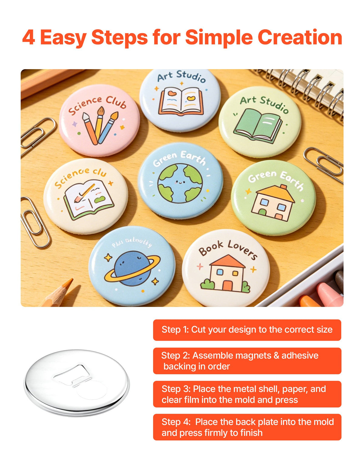 Button Maker Supplies 50 Sets 2.95 in / 75 mm Magnet Button Parts, with Magnetic and Bottle Opener Backs, Metal Shells, Clear Mylar Films, and Blank Circle Papers, for Home DIY, Kitchen Decor