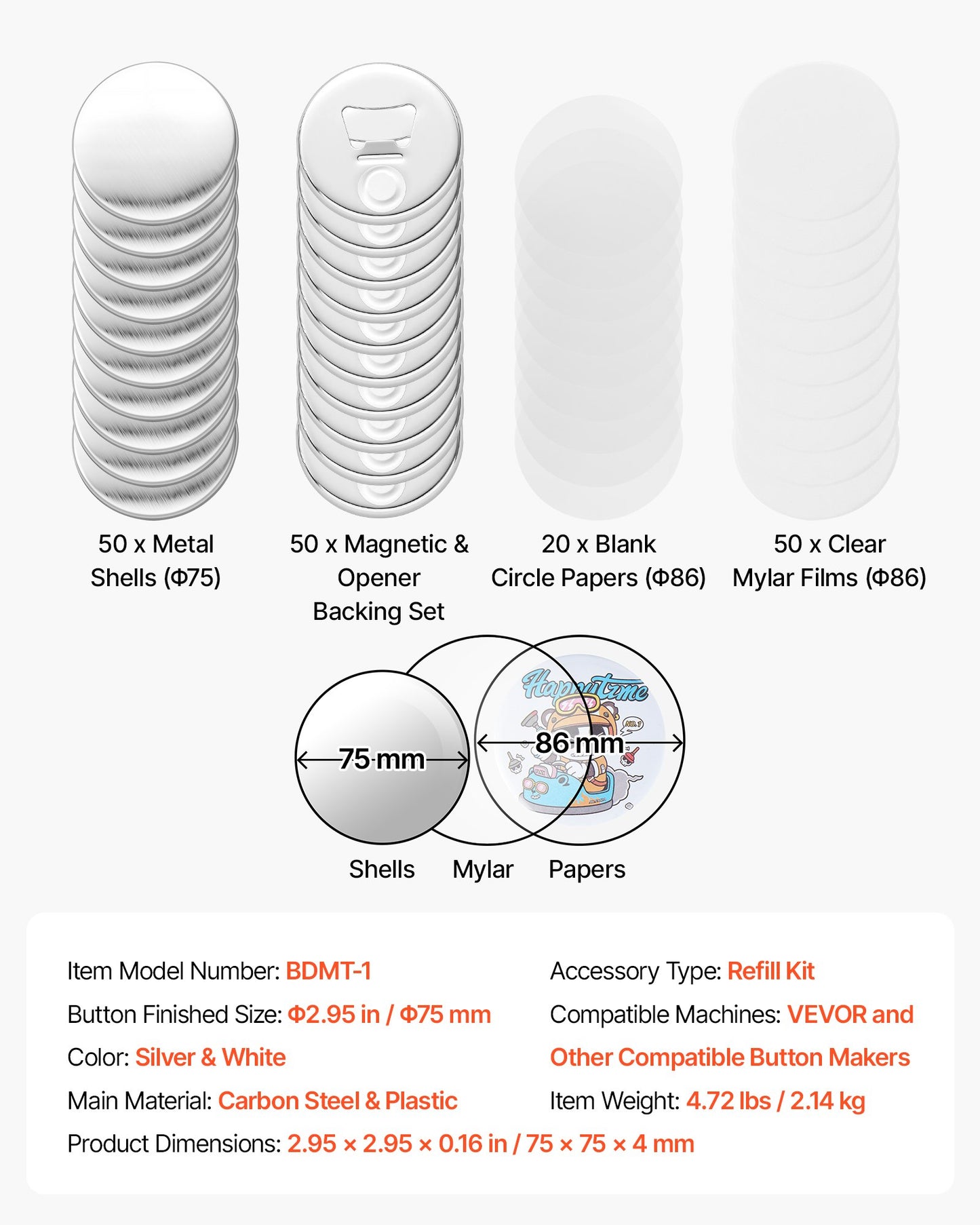 Button Maker Supplies 50 Sets 2.95 in / 75 mm Magnet Button Parts, with Magnetic and Bottle Opener Backs, Metal Shells, Clear Mylar Films, and Blank Circle Papers, for Home DIY, Kitchen Decor