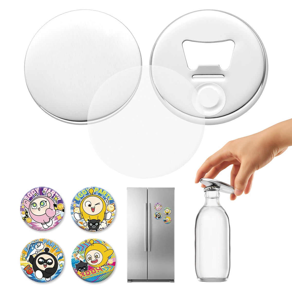 Button Maker Supplies 50 Sets 2.95 in / 75 mm Magnet Button Parts, with Magnetic and Bottle Opener Backs, Metal Shells, Clear Mylar Films, and Blank Circle Papers, for Home DIY, Kitchen Decor