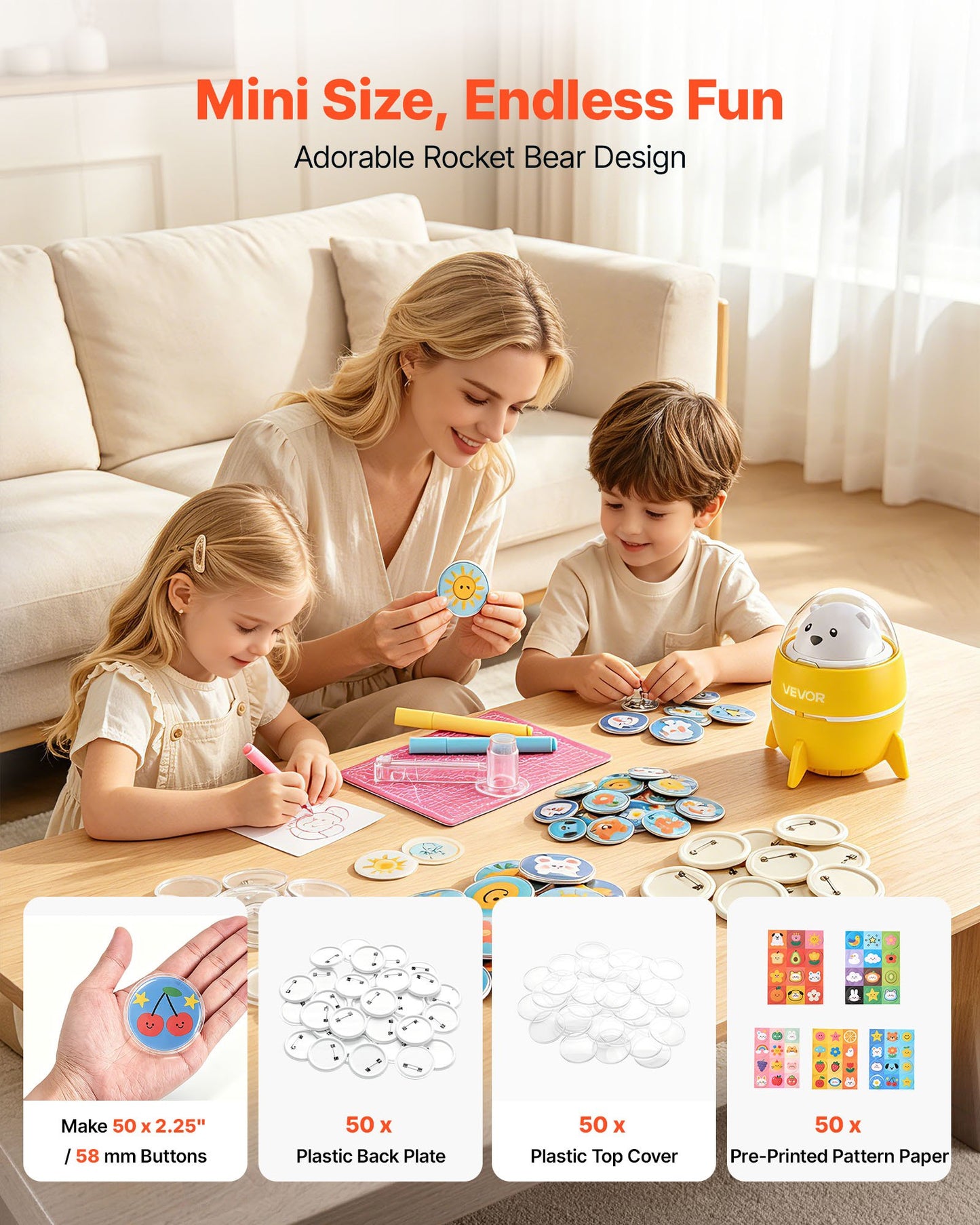 Button Maker Machine, 2.25" / 58 mm, Plastic Pin Badge Maker with 50pcs Button Parts and Pre-Printed Pattern Paper, Circle Cutter, Compact Body, for Home DIY, School Events, Birthday Present