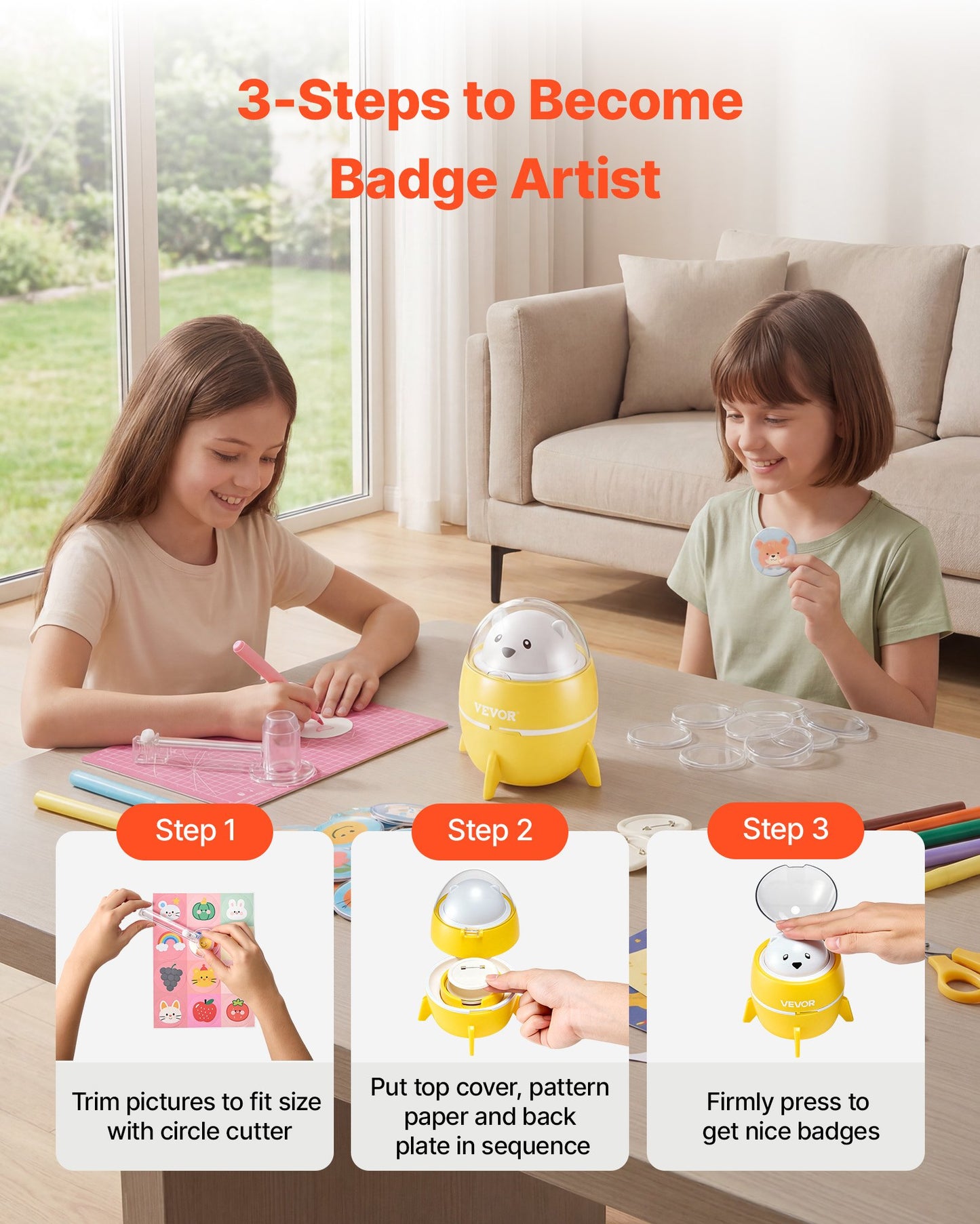 Button Maker Machine, 2.25" / 58 mm, Plastic Pin Badge Maker with 50pcs Button Parts and Pre-Printed Pattern Paper, Circle Cutter, Compact Body, for Home DIY, School Events, Birthday Present