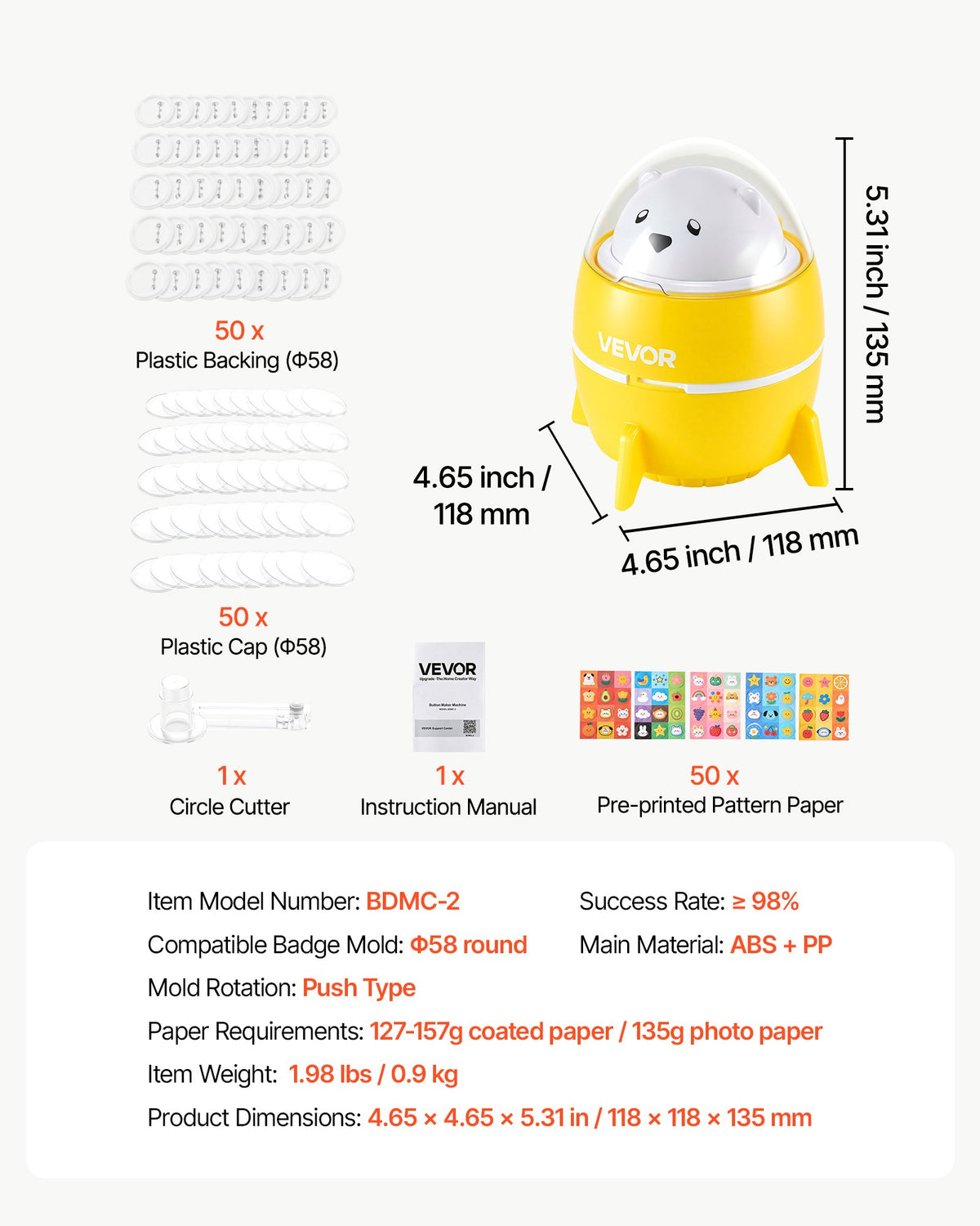 Button Maker Machine, 2.25" / 58 mm, Plastic Pin Badge Maker with 50pcs Button Parts and Pre-Printed Pattern Paper, Circle Cutter, Compact Body, for Home DIY, School Events, Birthday Present