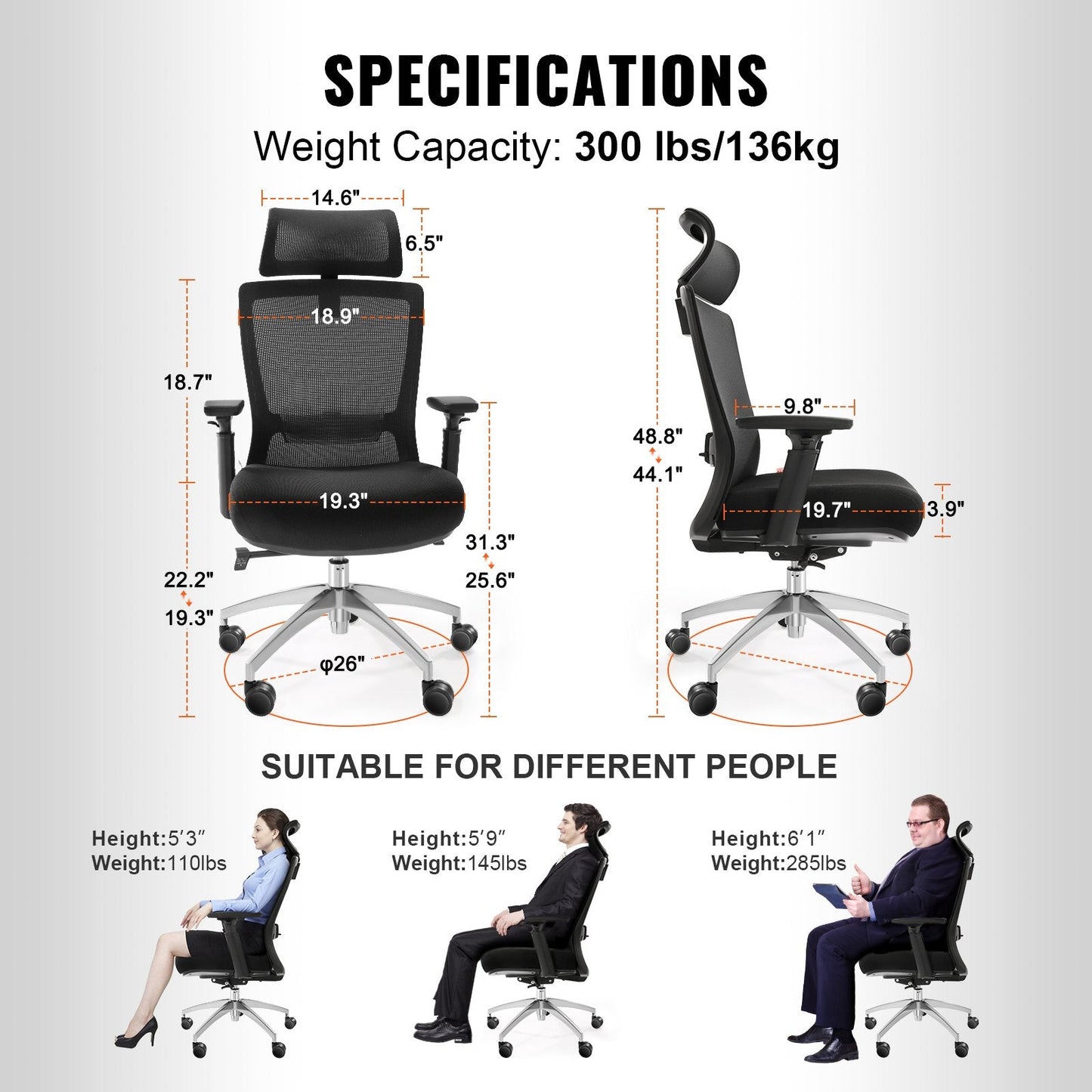 Ergonomic Mesh Office Chair with Adjustable Seat, Back, and Lumbar Support