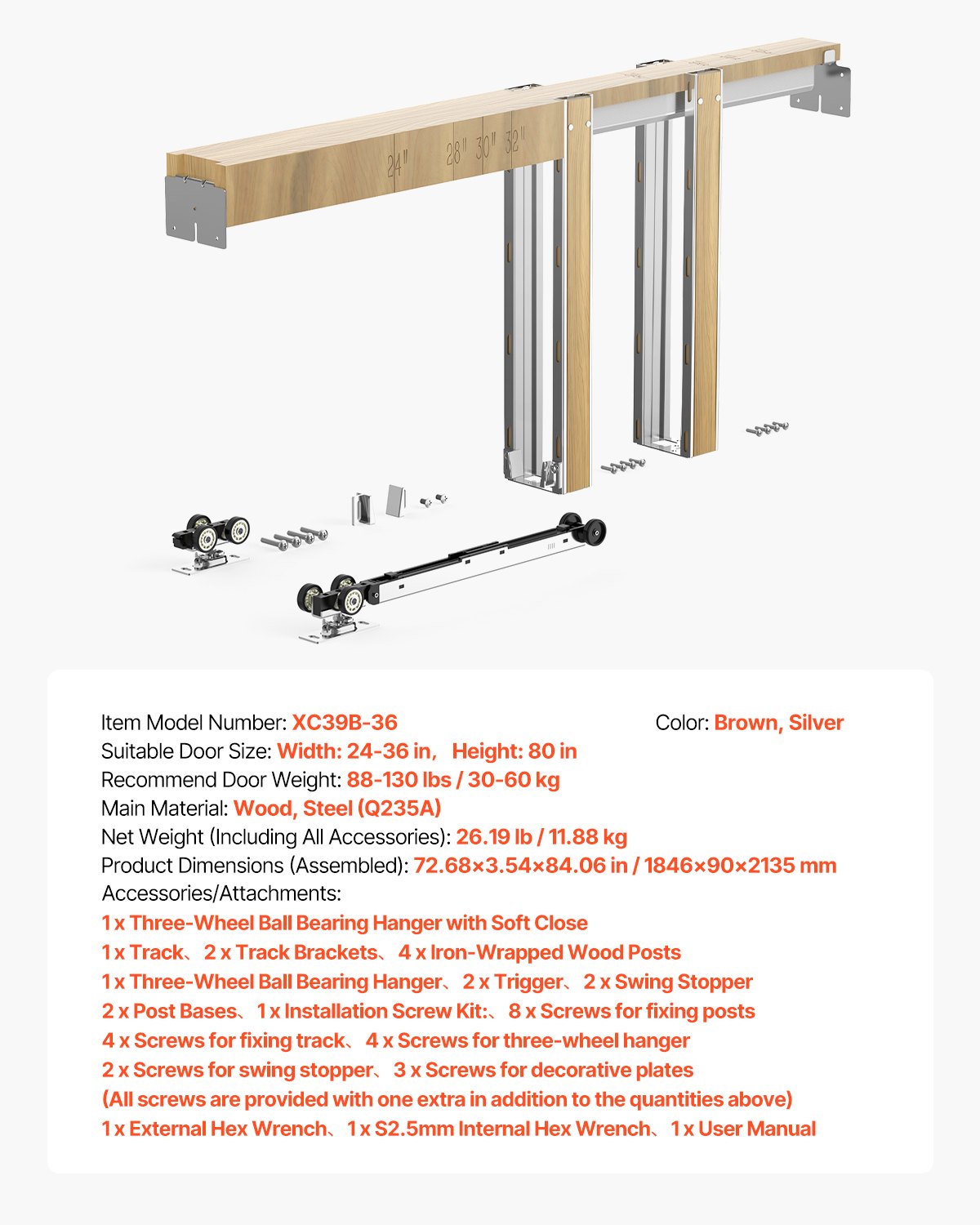 Pocket Door Frame Kit, for 610-914mm Wide 2032mm High Door, Pocket Door Kit with Two-Way Soft Close Mechanism, Slide Smoothly Quietly, Easy to Install, Wood and Galvanized Steel, for Living Room