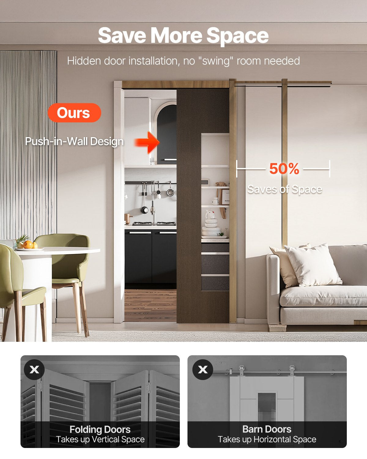 Pocket Door Frame Kit, for 610-762mm Wide 2032mm High Door, Pocket Door Kit with Two-Way Soft Close Mechanism, Slide Smoothly Quietly, Easy to Install, Wood and Galvanized Steel, for Living Room