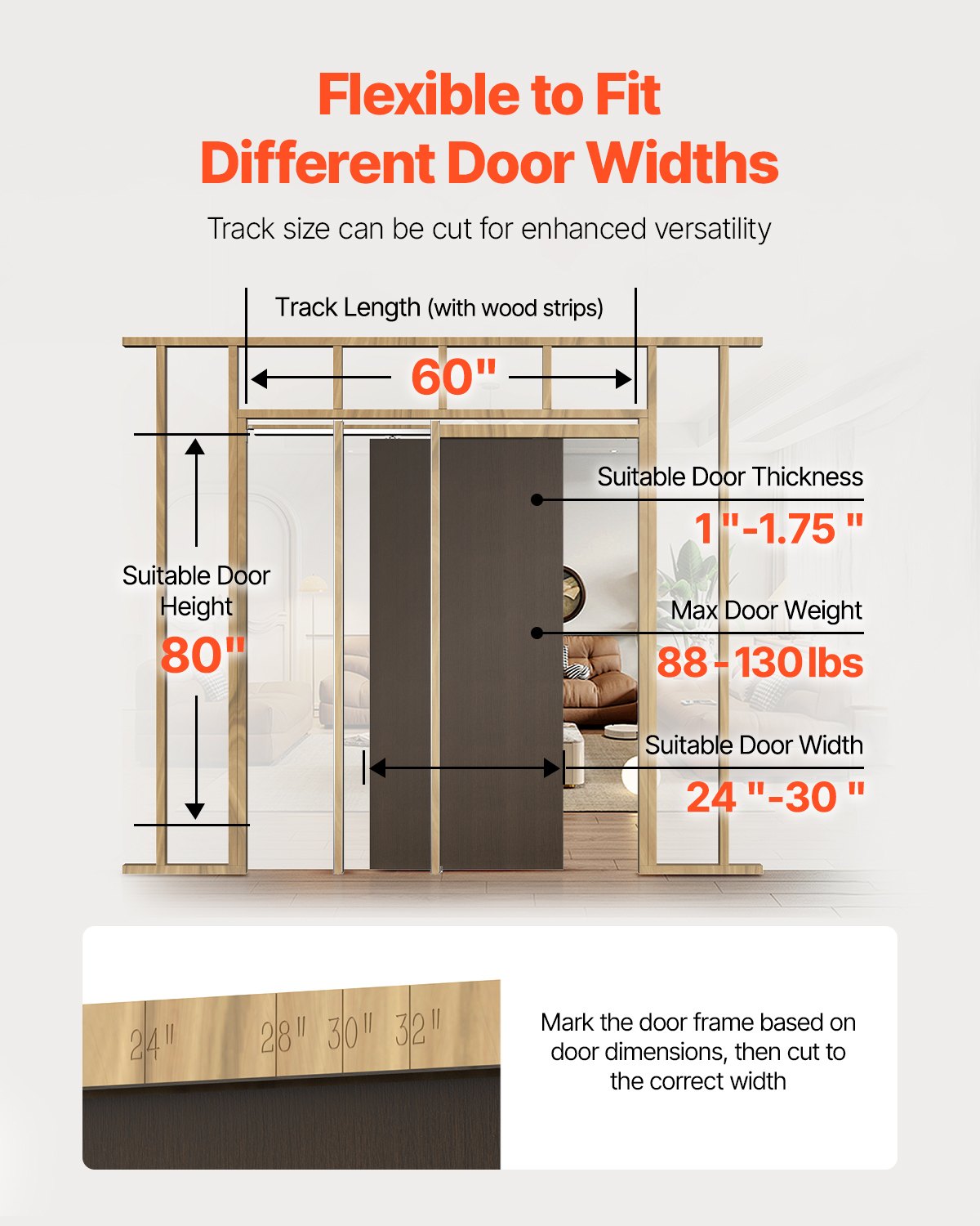 Pocket Door Frame Kit, for 610-762mm Wide 2032mm High Door, Pocket Door Kit with Two-Way Soft Close Mechanism, Slide Smoothly Quietly, Easy to Install, Wood and Galvanized Steel, for Living Room
