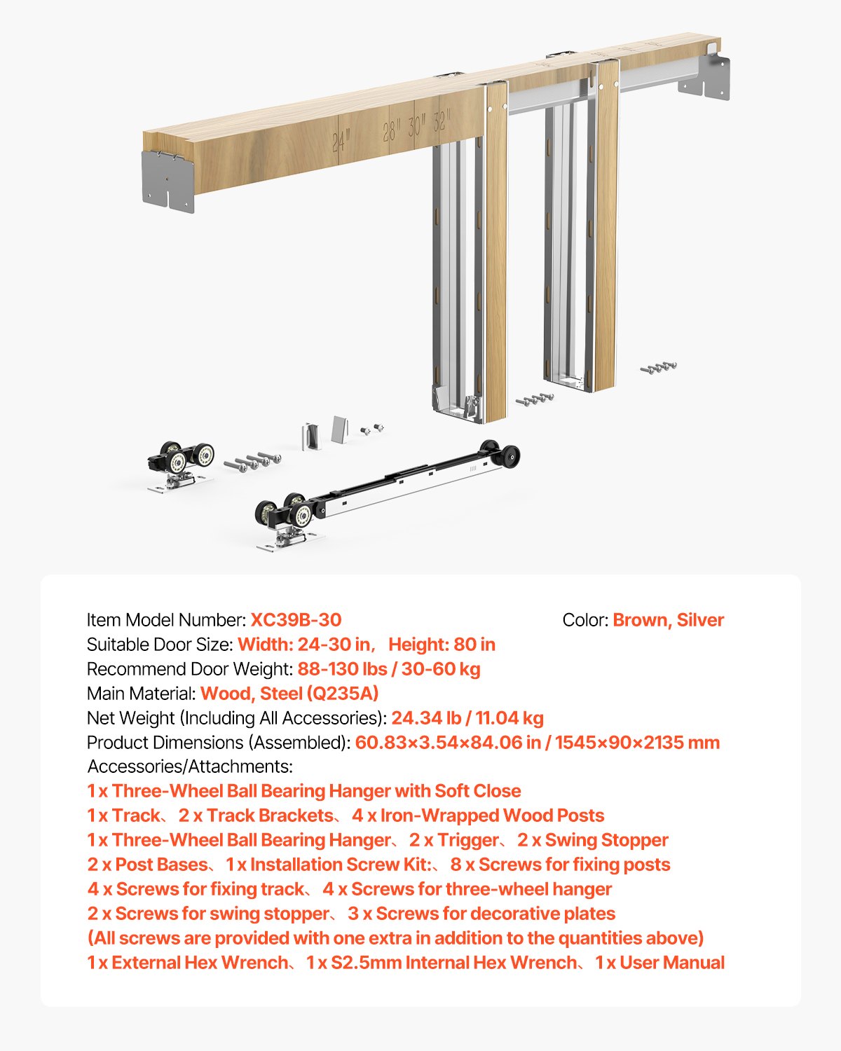 Pocket Door Frame Kit, for 610-762mm Wide 2032mm High Door, Pocket Door Kit with Two-Way Soft Close Mechanism, Slide Smoothly Quietly, Easy to Install, Wood and Galvanized Steel, for Living Room