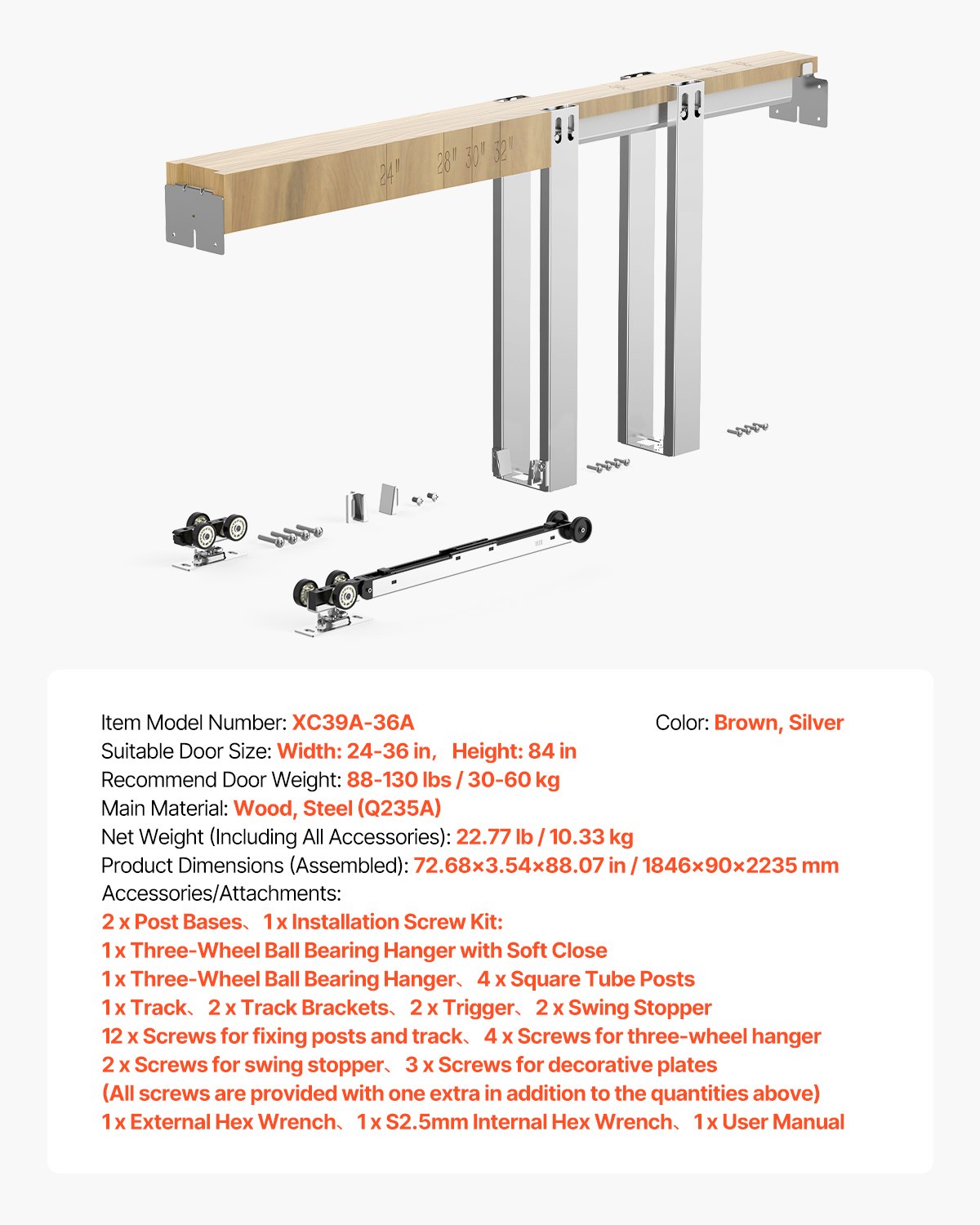 Pocket Door Frame Kit, for 610-914mm Wide 2134mm High Door, Pocket Door Kit with Two-Way Soft Close Mechanism, Slide Smoothly Quietly, Easy to Install, Premium Galvanized Steel, for Living Room