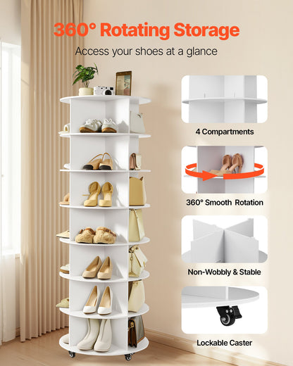 7 Tiers Rotating Shoe Rack Tower with Wheels, Movable 360° Spinning Carousel Display, Lazy Susan Organizer Closet Shelf for Living Room, Entryway, White