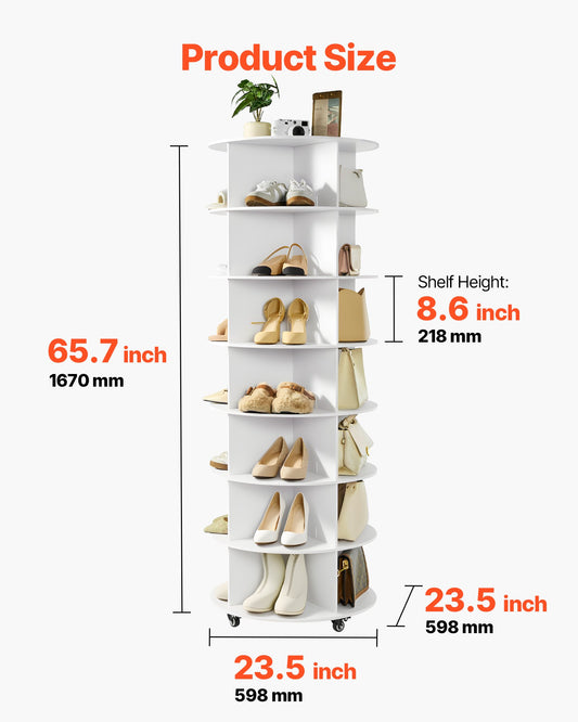 7 Tiers Rotating Shoe Rack Tower with Wheels, Movable 360° Spinning Carousel Display, Lazy Susan Organizer Closet Shelf for Living Room, Entryway, White
