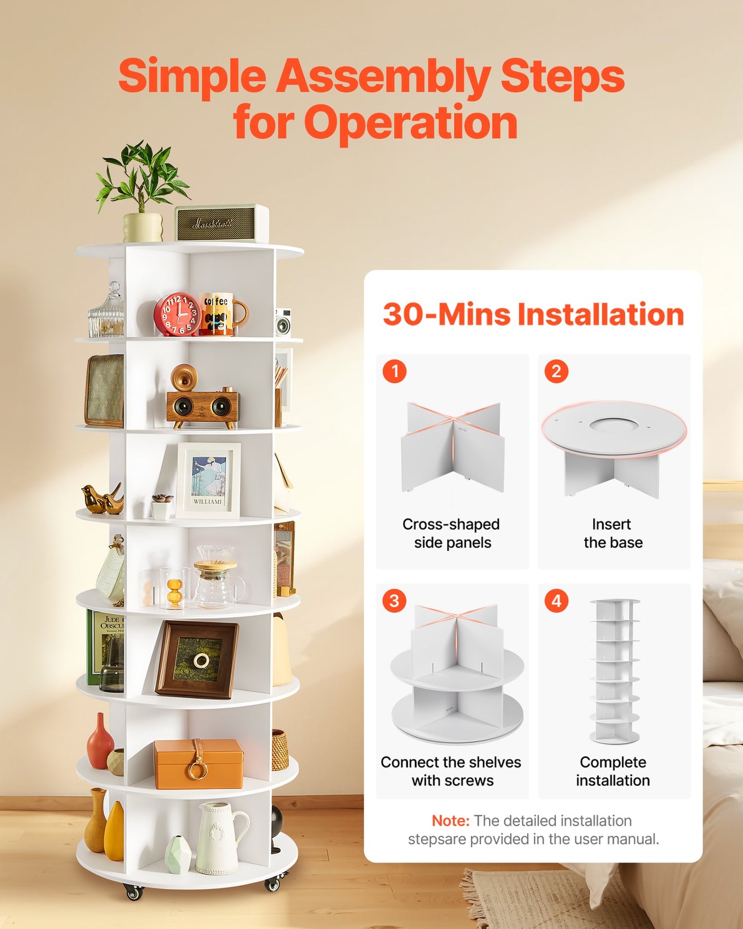 7 Tiers Rotating Shoe Rack Tower with Wheels, Movable 360° Spinning Carousel Display, Lazy Susan Organizer Closet Shelf for Living Room, Entryway, White