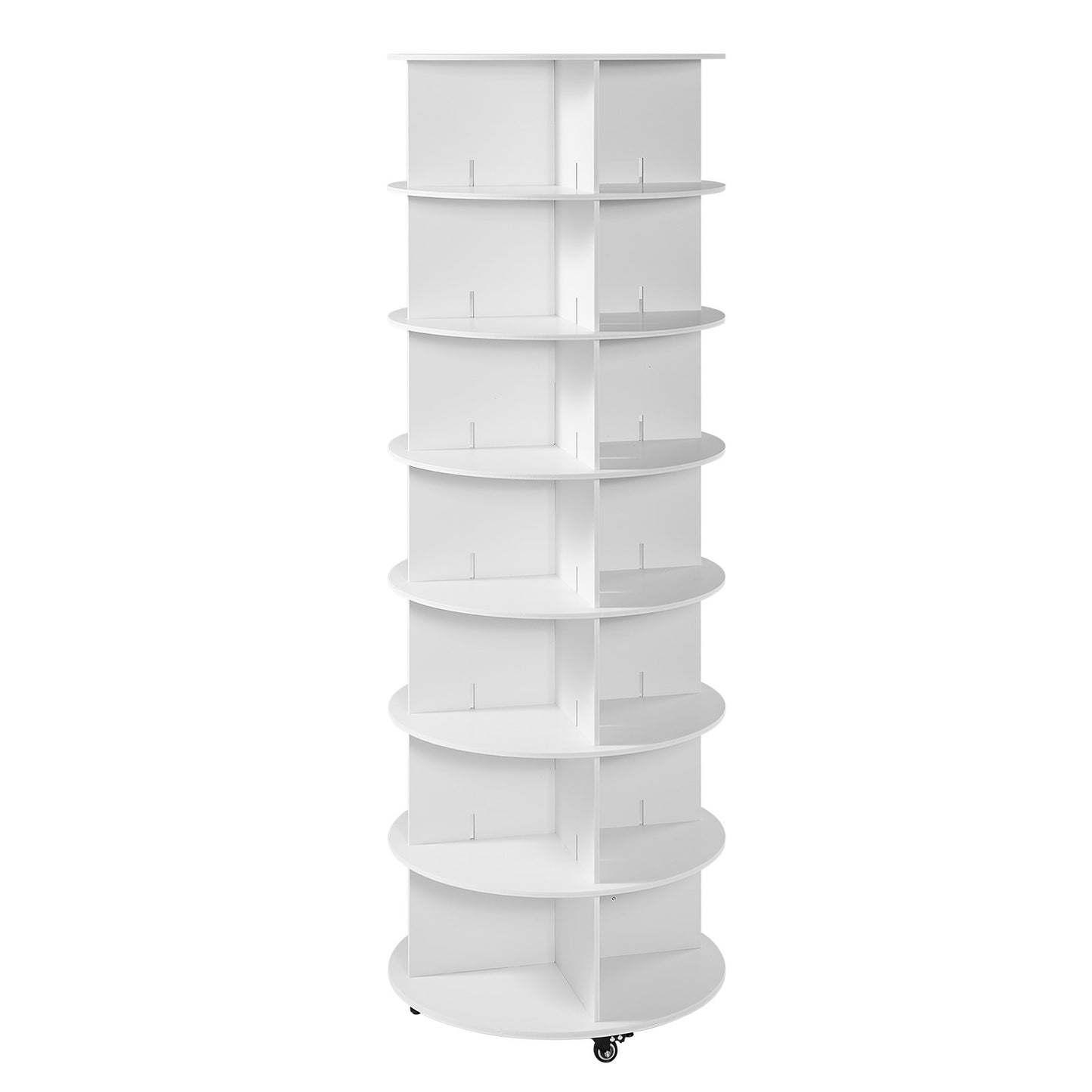 7 Tiers Rotating Shoe Rack Tower with Wheels, Movable 360° Spinning Carousel Display, Lazy Susan Organizer Closet Shelf for Living Room, Entryway, White