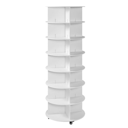 7 Tiers Rotating Shoe Rack Tower with Wheels, Movable 360° Spinning Carousel Display, Lazy Susan Organizer Closet Shelf for Living Room, Entryway, White