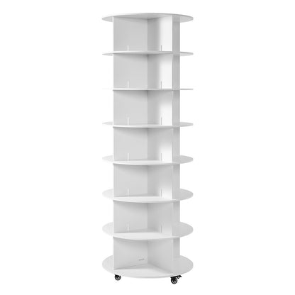 7 Tiers Rotating Shoe Rack Tower with Wheels, Movable 360° Spinning Carousel Display, Lazy Susan Organizer Closet Shelf for Living Room, Entryway, White
