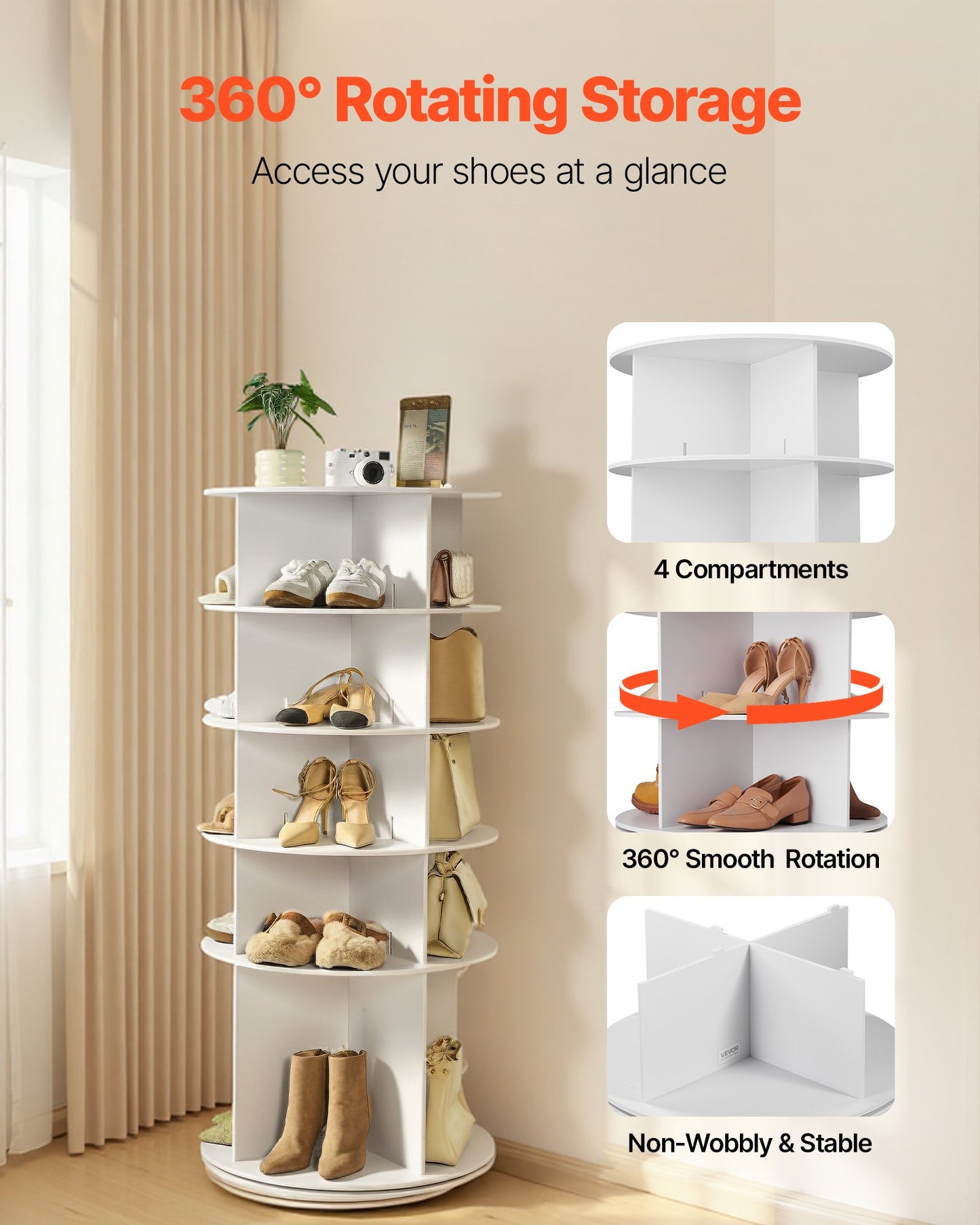 5 Tiers Rotating Shoe Rack Tower, 360° Spinning Shoe Rack, Revolving Storage Round Carousel Display, Freestanding Lazy Susan Organizer Display for Bedroom, Living Room, Entryway, Closet, White