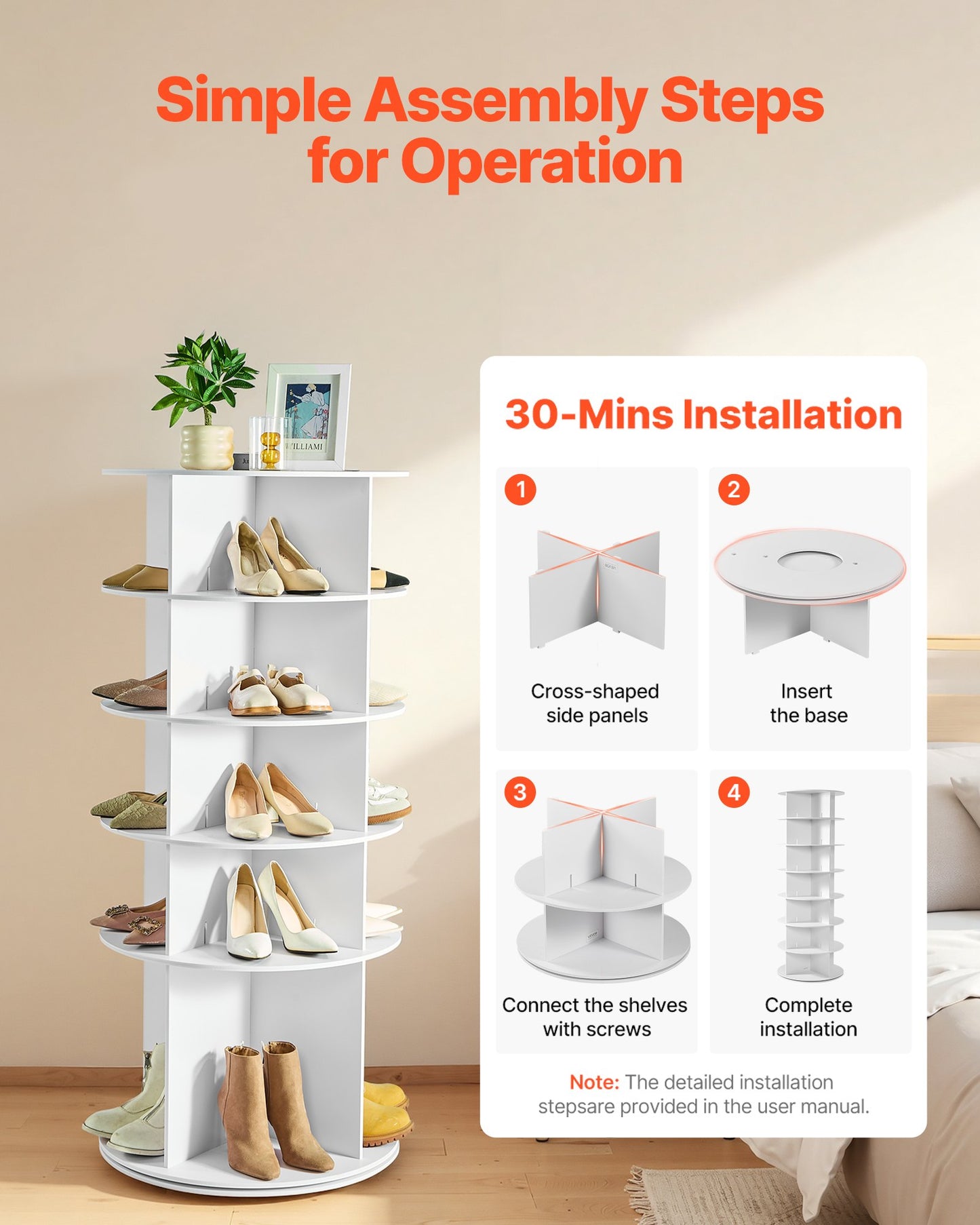 5 Tiers Rotating Shoe Rack Tower, 360° Spinning Shoe Rack, Revolving Storage Round Carousel Display, Freestanding Lazy Susan Organizer Display for Bedroom, Living Room, Entryway, Closet, White