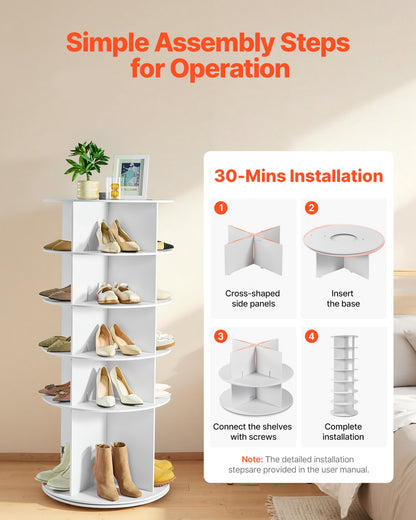5 Tiers Rotating Shoe Rack Tower, 360° Spinning Shoe Rack, Revolving Storage Round Carousel Display, Freestanding Lazy Susan Organizer Display for Bedroom, Living Room, Entryway, Closet, White