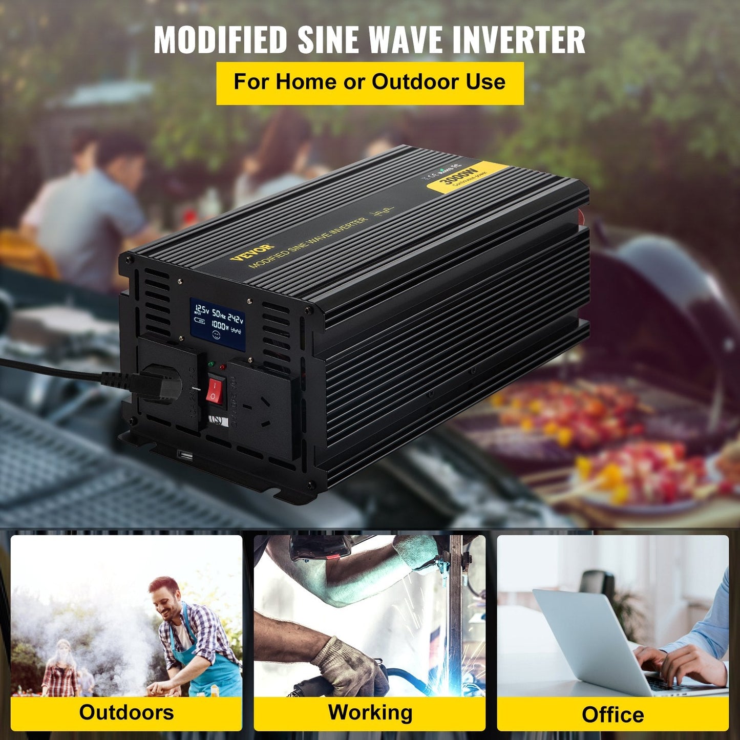 3000W Modified Sine Wave Inverter, 12V DC to 240V AC, LCD Display, 3.58m x 1.67m x 1.2m