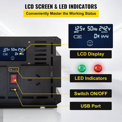 3000W Modified Sine Wave Inverter, 12V DC to 240V AC, LCD Display, 3.58m x 1.67m x 1.2m