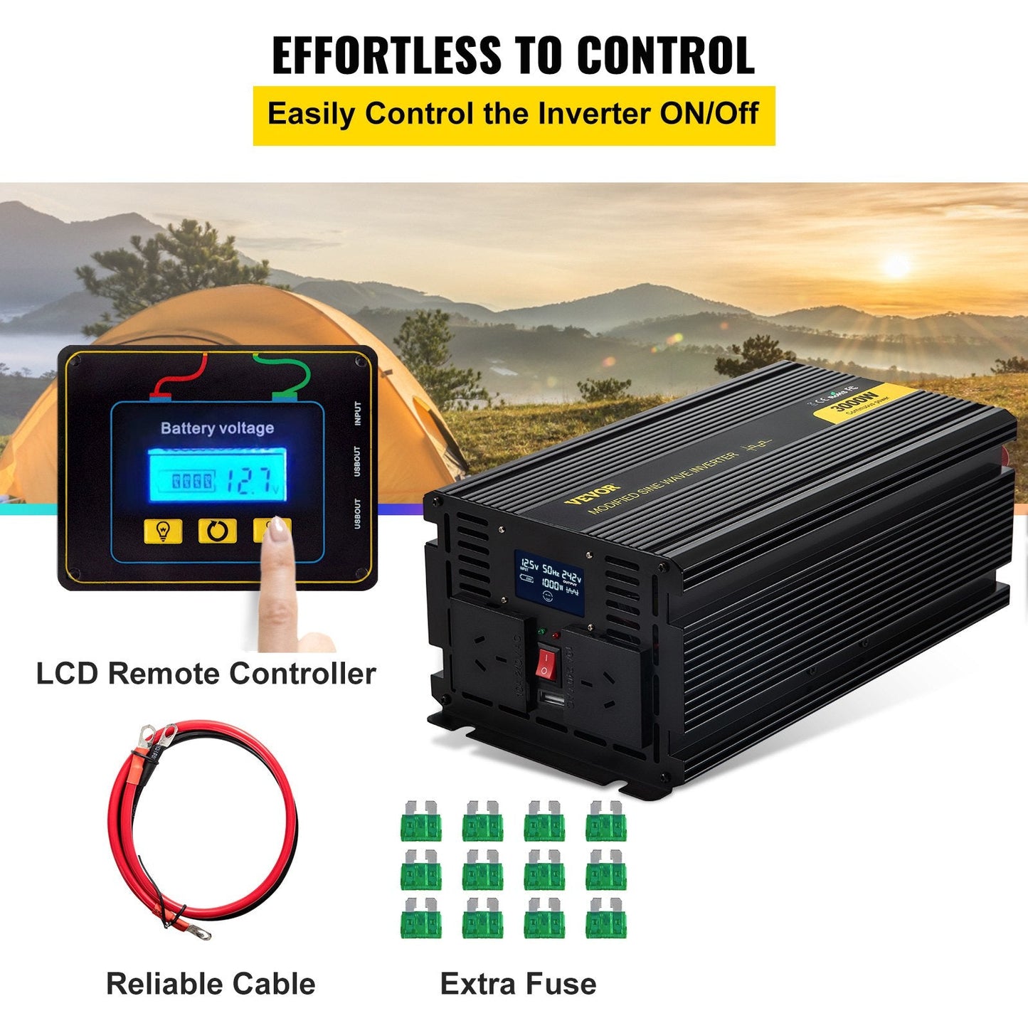 3000W Modified Sine Wave Inverter, 12V DC to 240V AC, LCD Display, 3.58m x 1.67m x 1.2m