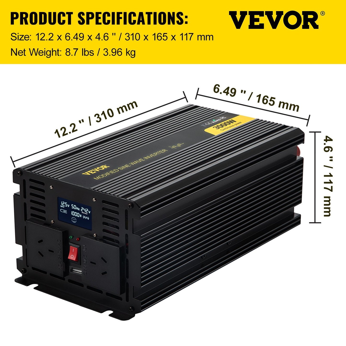 3000W Modified Sine Wave Inverter, 12V DC to 240V AC, LCD Display, 3.58m x 1.67m x 1.2m
