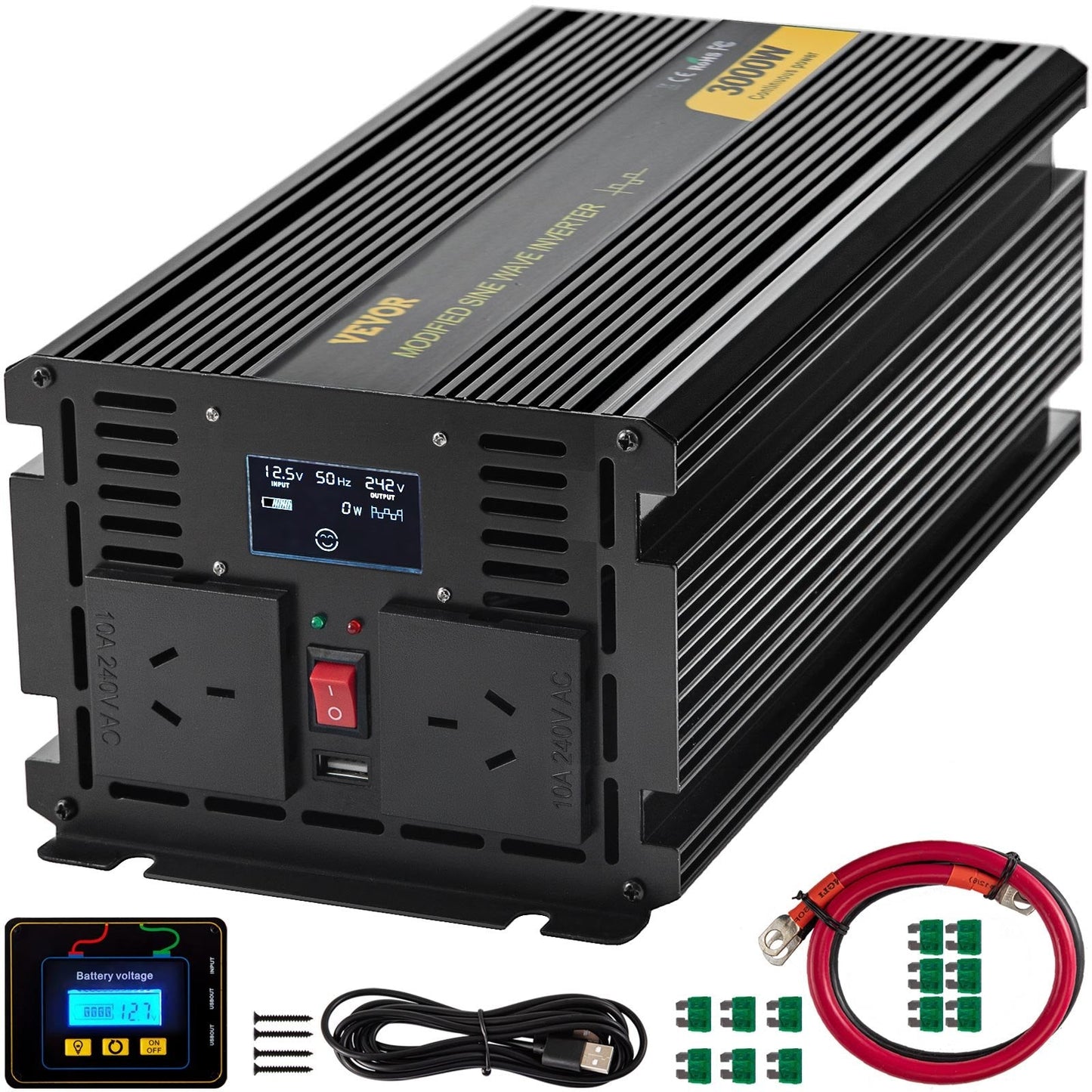 3000W Modified Sine Wave Inverter, 12V DC to 240V AC, LCD Display, 3.58m x 1.67m x 1.2m