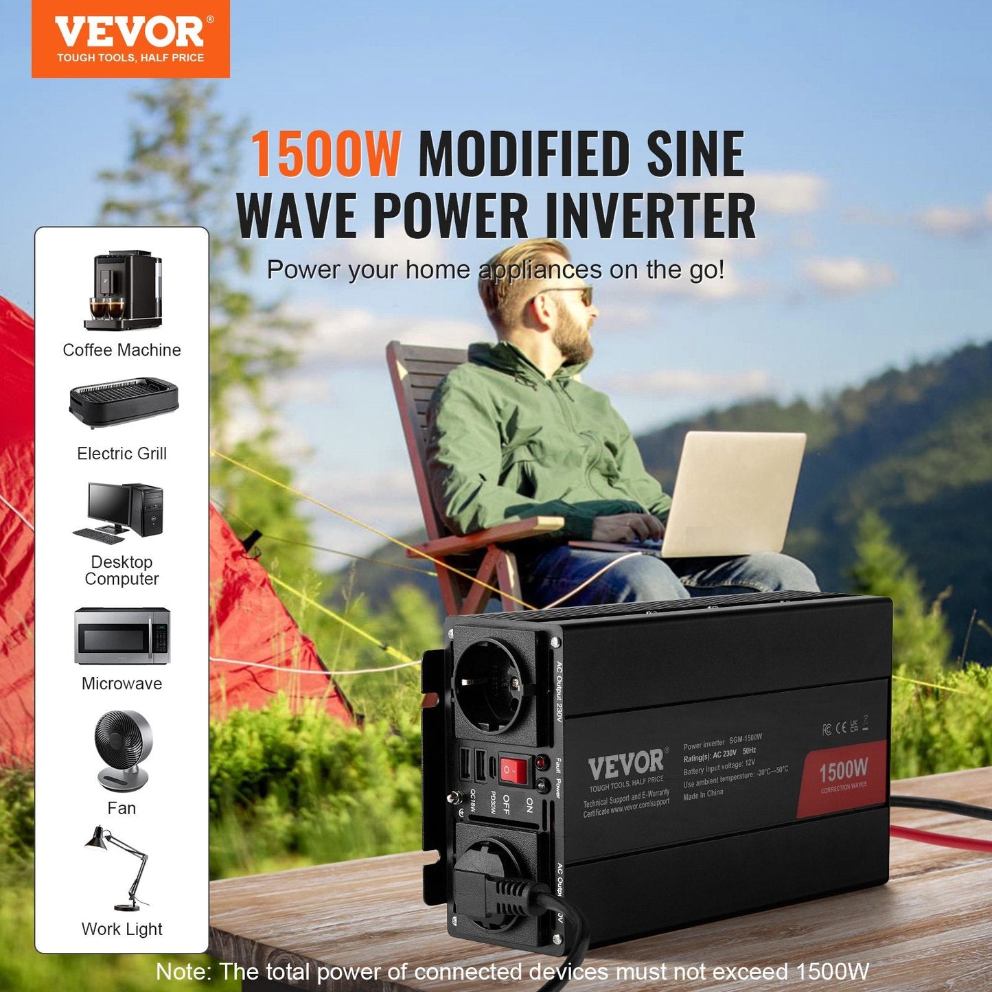 1500W Modified Sine Wave Inverter, 12V DC to 230V AC, 2 AC & USB Ports
