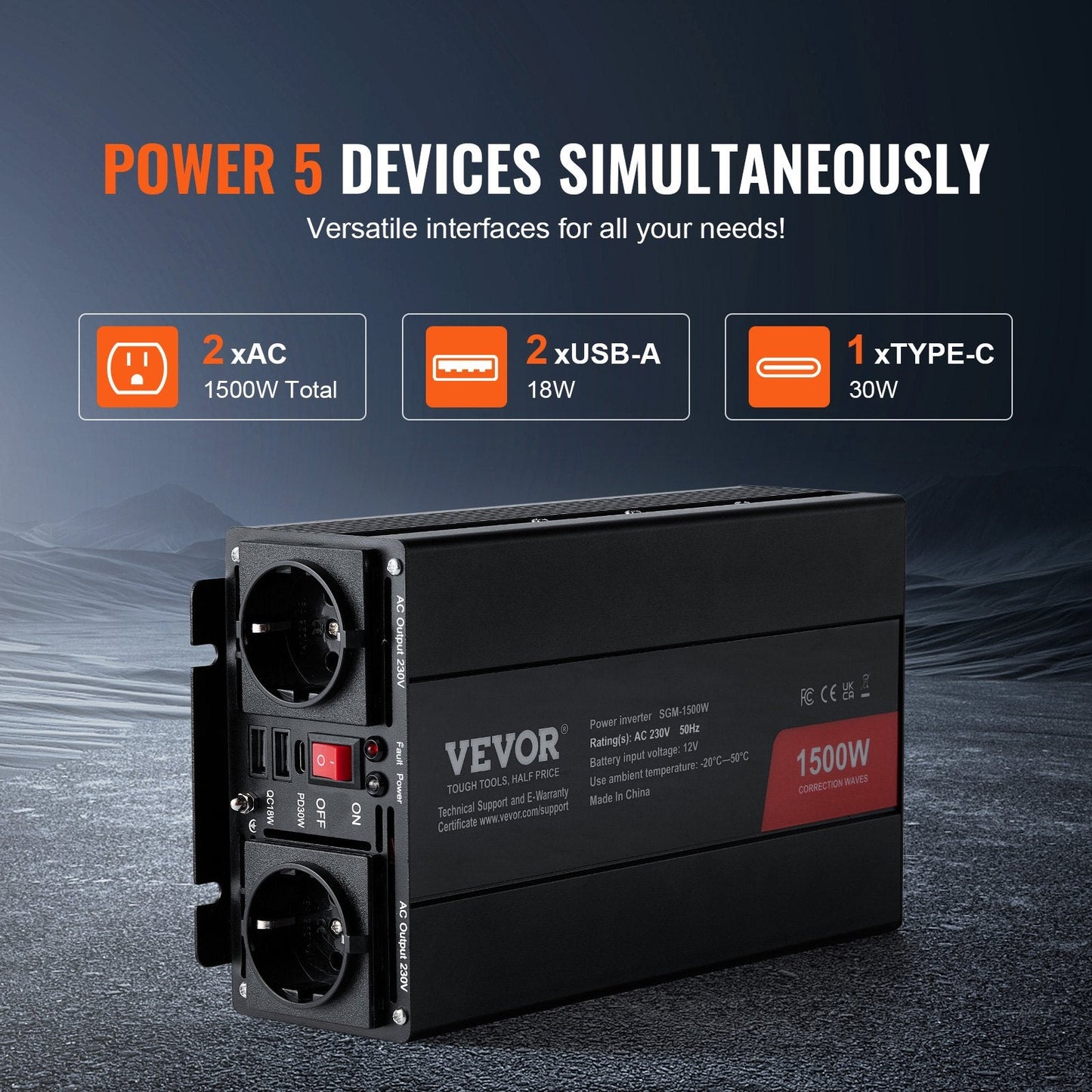 1500W Modified Sine Wave Inverter, 12V DC to 230V AC, 2 AC & USB Ports