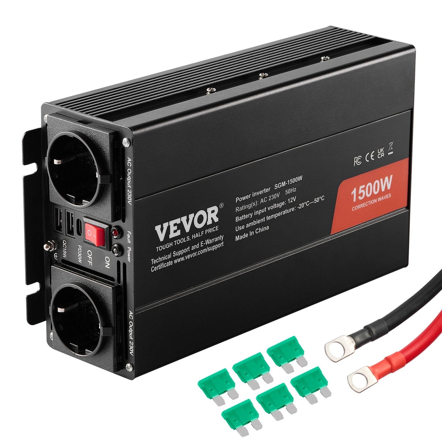 1500W Modified Sine Wave Inverter, 12V DC to 230V AC, 2 AC & USB Ports
