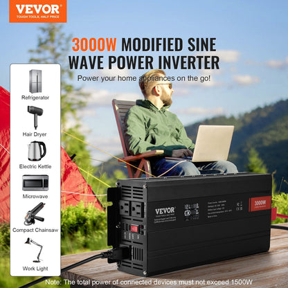 3000W Modified Sine Wave Inverter, 12V DC to 230V AC, LCD Display, Multi-Port