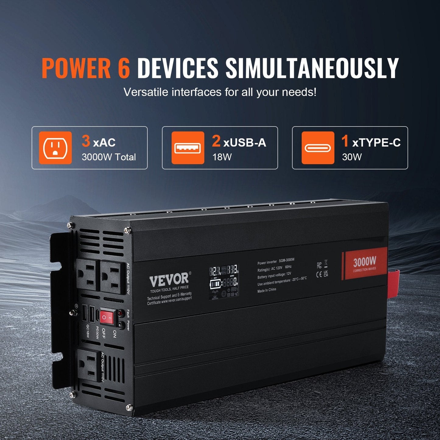 3000W Modified Sine Wave Inverter, 12V DC to 230V AC, LCD Display, Multi-Port