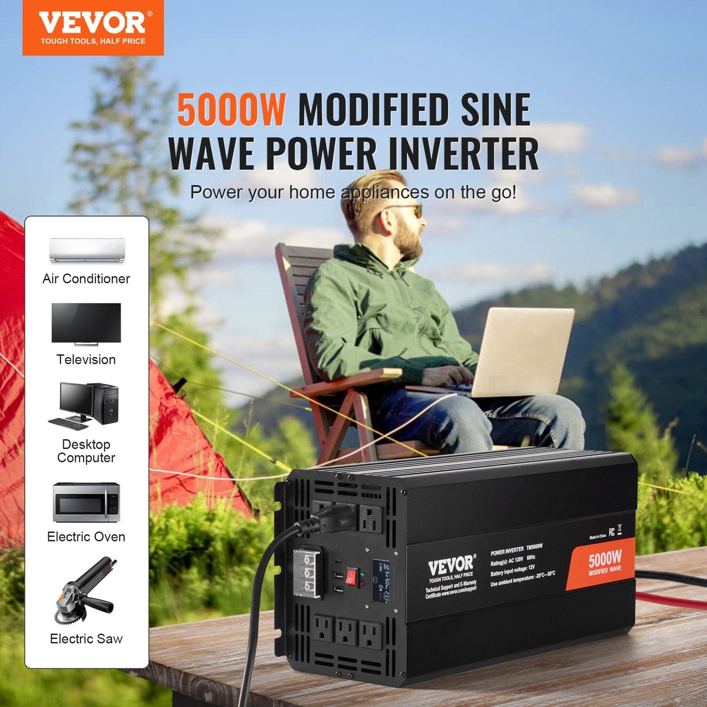 5000W DC 12V to AC 230V Inverter with LCD, USB & Remote Control