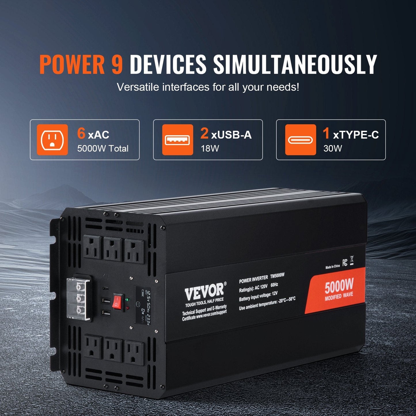 5000W DC 12V to AC 230V Inverter with LCD, USB & Remote Control