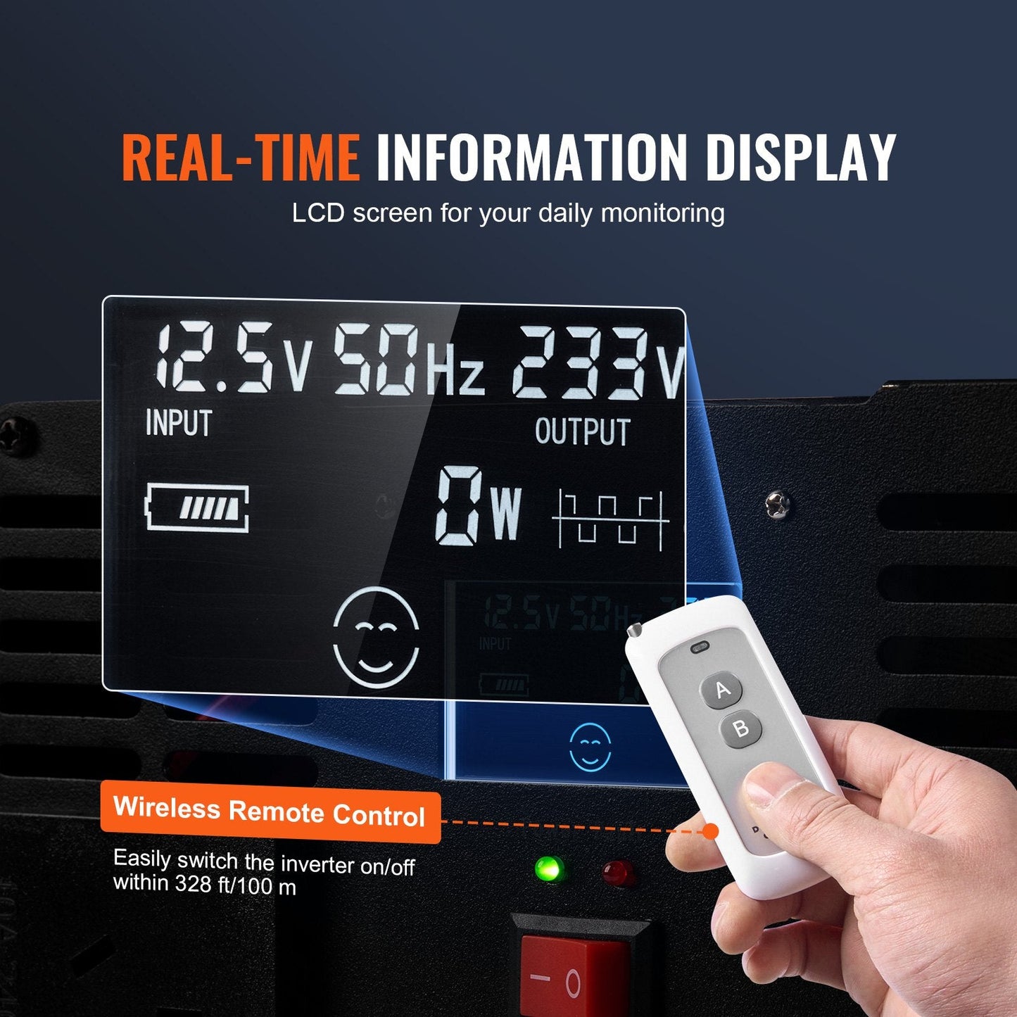 5000W DC 12V to AC 230V Inverter with LCD, USB & Remote Control