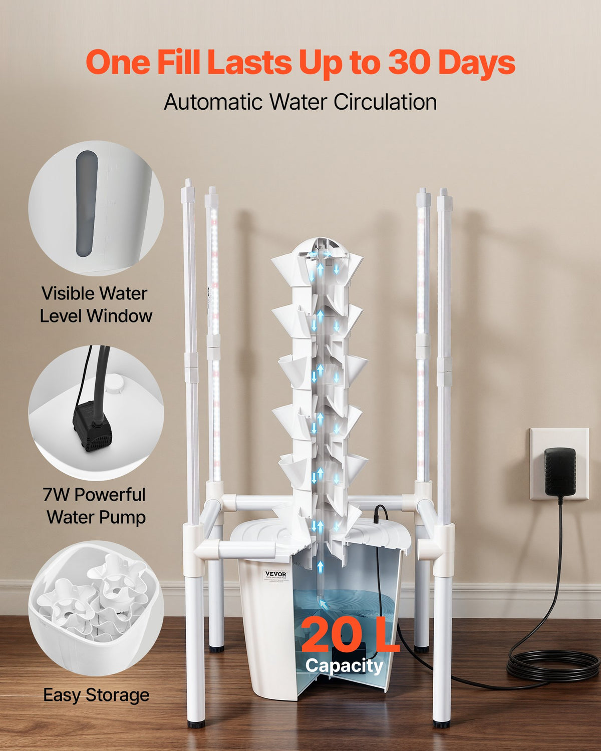 Hydroponic Tower, 30 Pods 6 Tiers Hydroponics Growing System Kit with LED Grow Light & App Control, Vertical Home Garden with 20L Water Tank & Pump, Planter for Indoor Herbs, Fruits, Vegetables