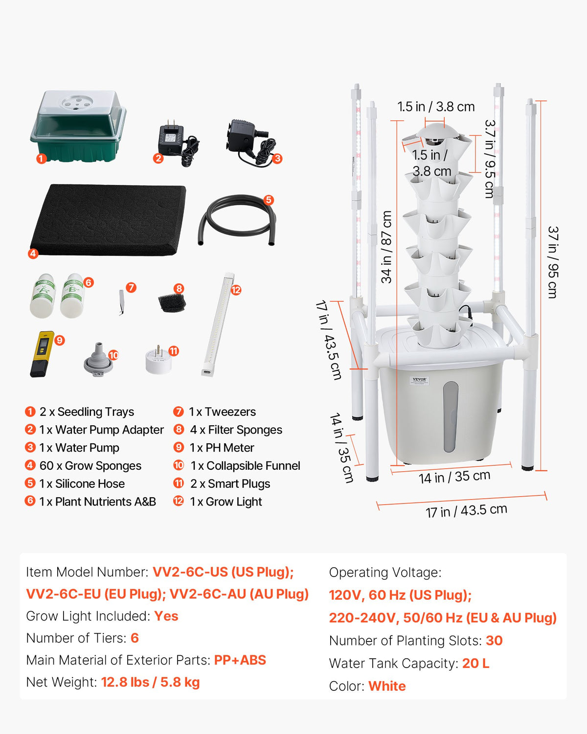 Hydroponic Tower, 30 Pods 6 Tiers Hydroponics Growing System Kit with LED Grow Light & App Control, Vertical Home Garden with 20L Water Tank & Pump, Planter for Indoor Herbs, Fruits, Vegetables