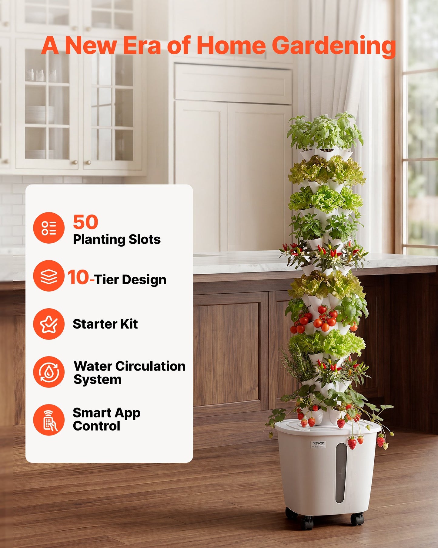 Hydroponic Tower, 50 Pods 10 Tiers Hydroponics Growing System Kit with App Control & Casters, Vertical Home Garden with 20L Water Tank & Pump, Planter for Indoor Herbs, Fruits and Vegetables