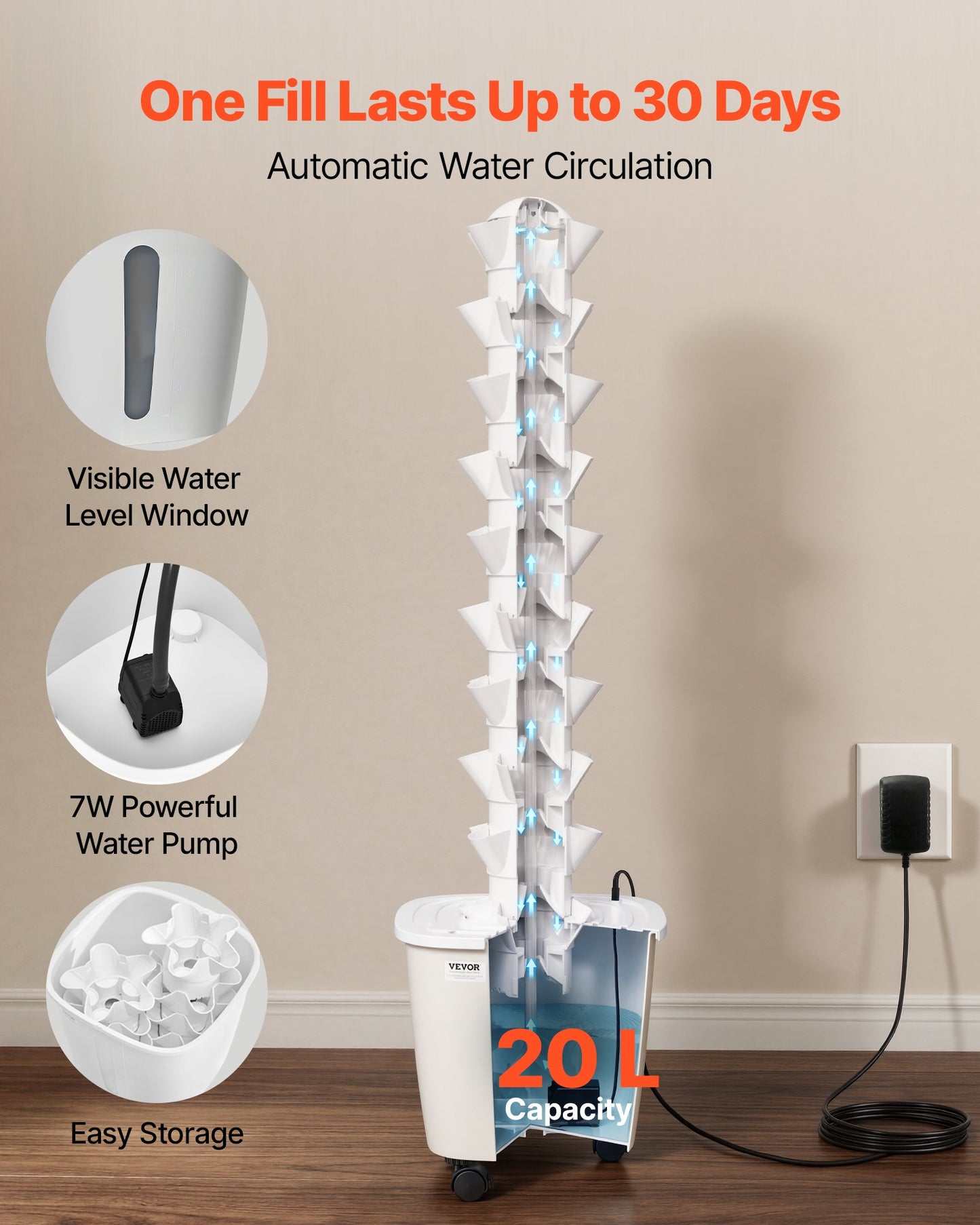 Hydroponic Tower, 50 Pods 10 Tiers Hydroponics Growing System Kit with App Control & Casters, Vertical Home Garden with 20L Water Tank & Pump, Planter for Indoor Herbs, Fruits and Vegetables