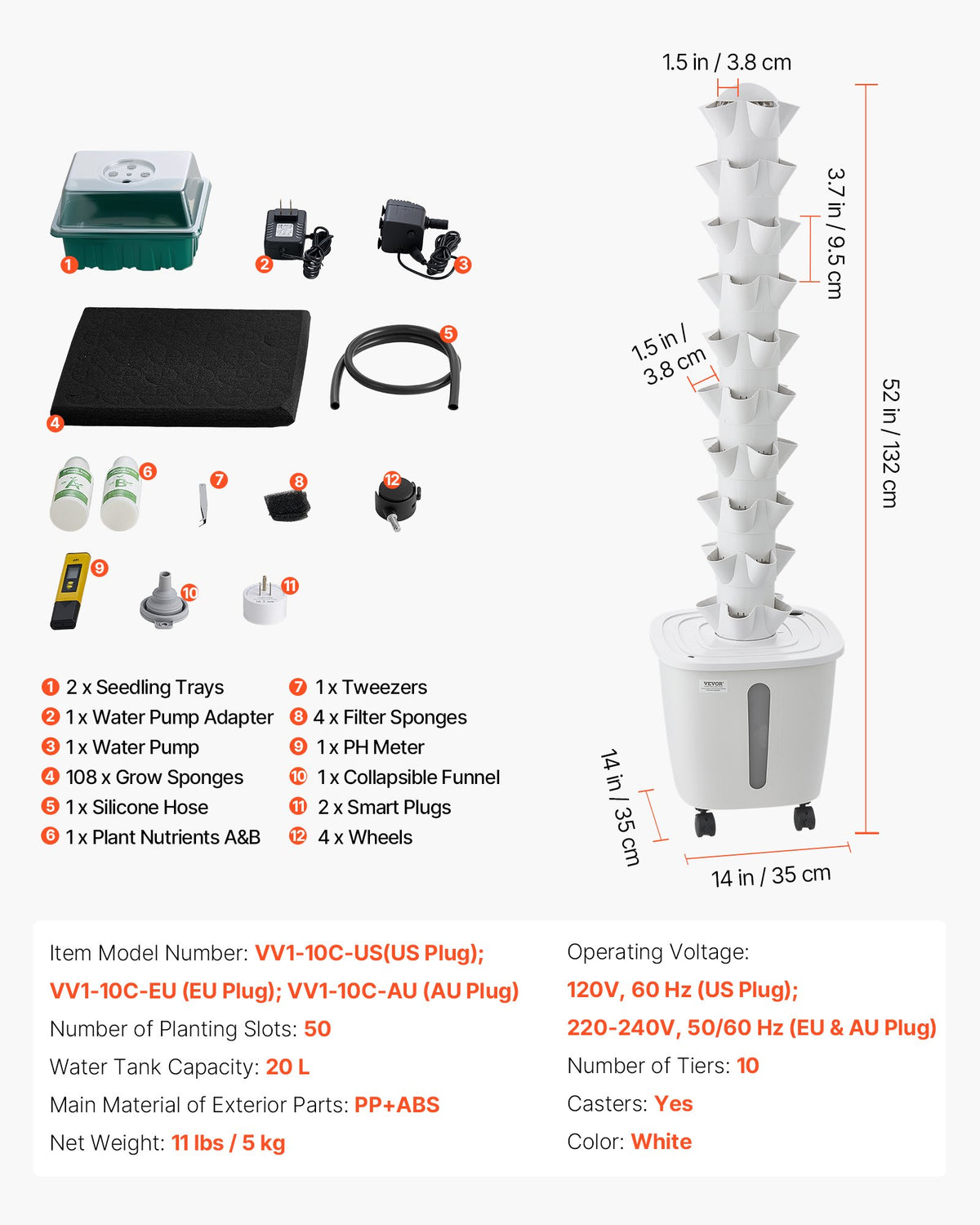 Hydroponic Tower, 50 Pods 10 Tiers Hydroponics Growing System Kit with App Control & Casters, Vertical Home Garden with 20L Water Tank & Pump, Planter for Indoor Herbs, Fruits and Vegetables