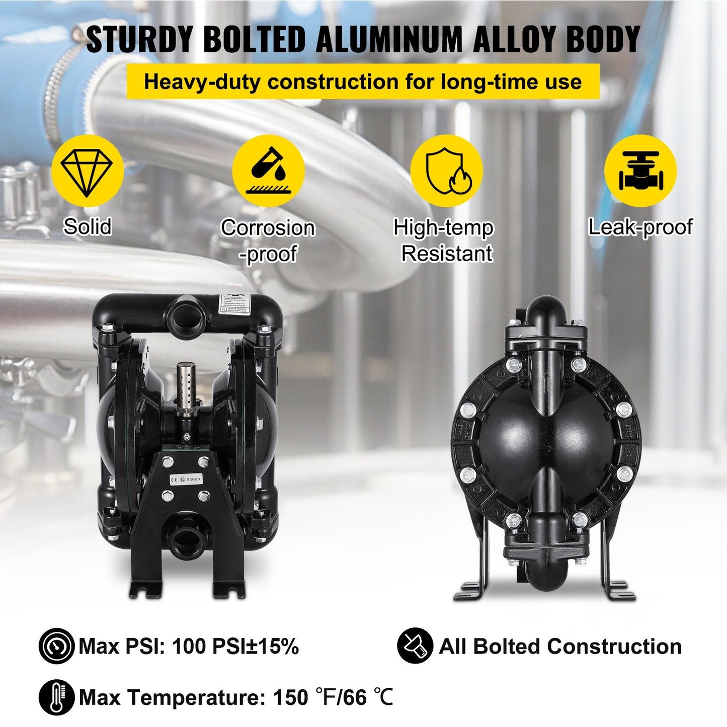 Air-Operated Double Diaphragm Pump, 35 GPM, 1 m Inlet/Outlet, Aluminum Body