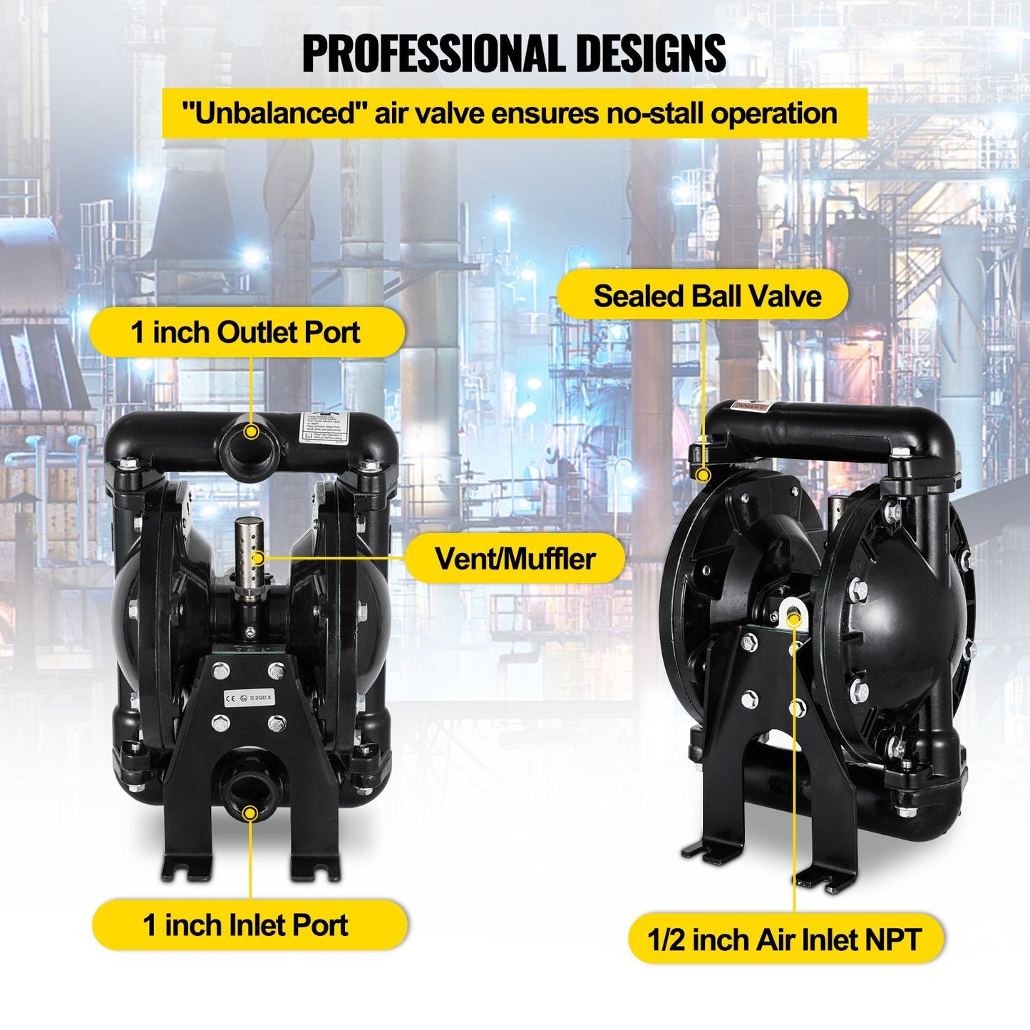 Air-Operated Double Diaphragm Pump, 35 GPM, 1 m Inlet/Outlet, Aluminum Body