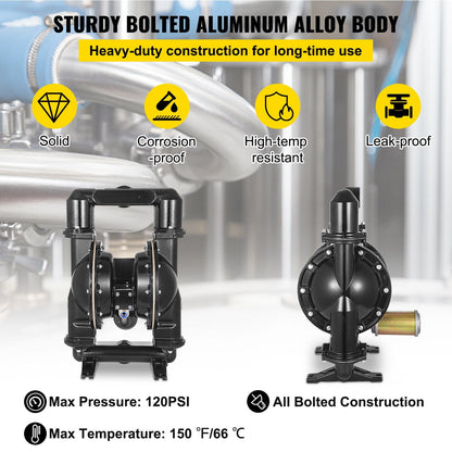 Air-Operated Double Diaphragm Pump, 2 m Inlet/Outlet, Aluminum, 75 GPM, 120 PSI