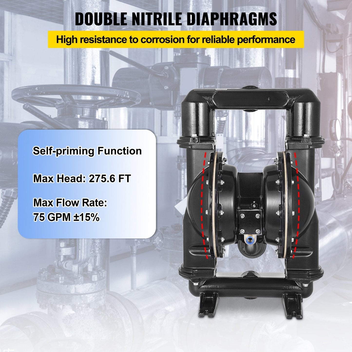 Air-Operated Double Diaphragm Pump, 2 m Inlet/Outlet, Aluminum, 75 GPM, 120 PSI