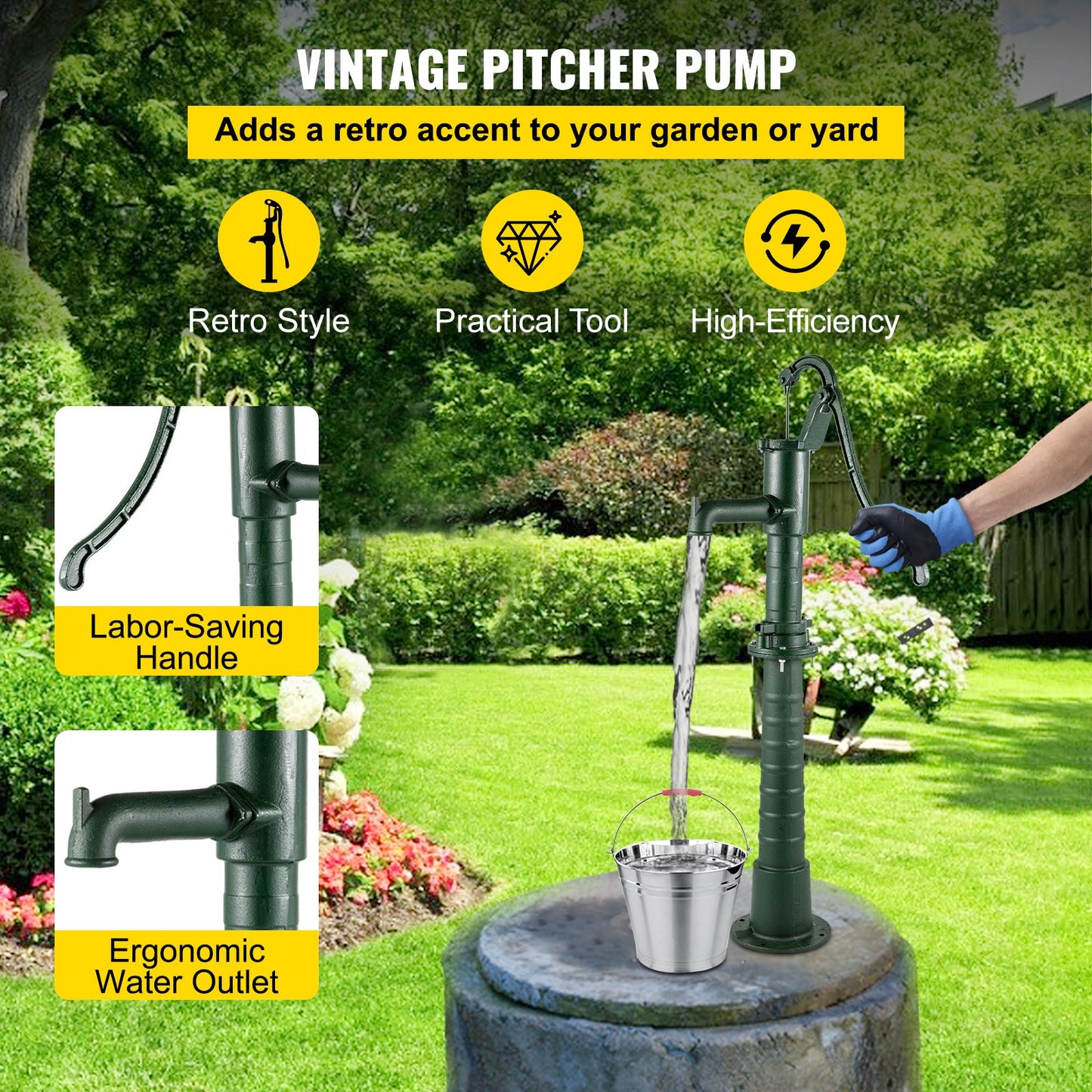 VEVOR Hand Water Pump w/ Stand Cast Iron Garden Deep Well Manual Suction Vintage