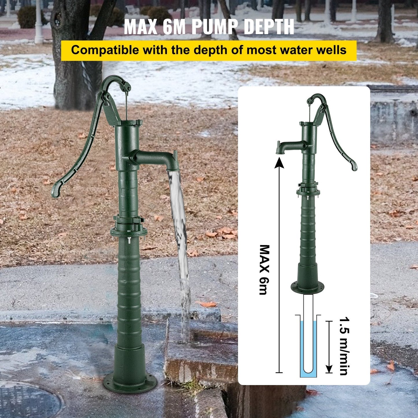 Cast Iron Deep Well Hand Pump with Stand, 6m Depth, Vintage Design, Green